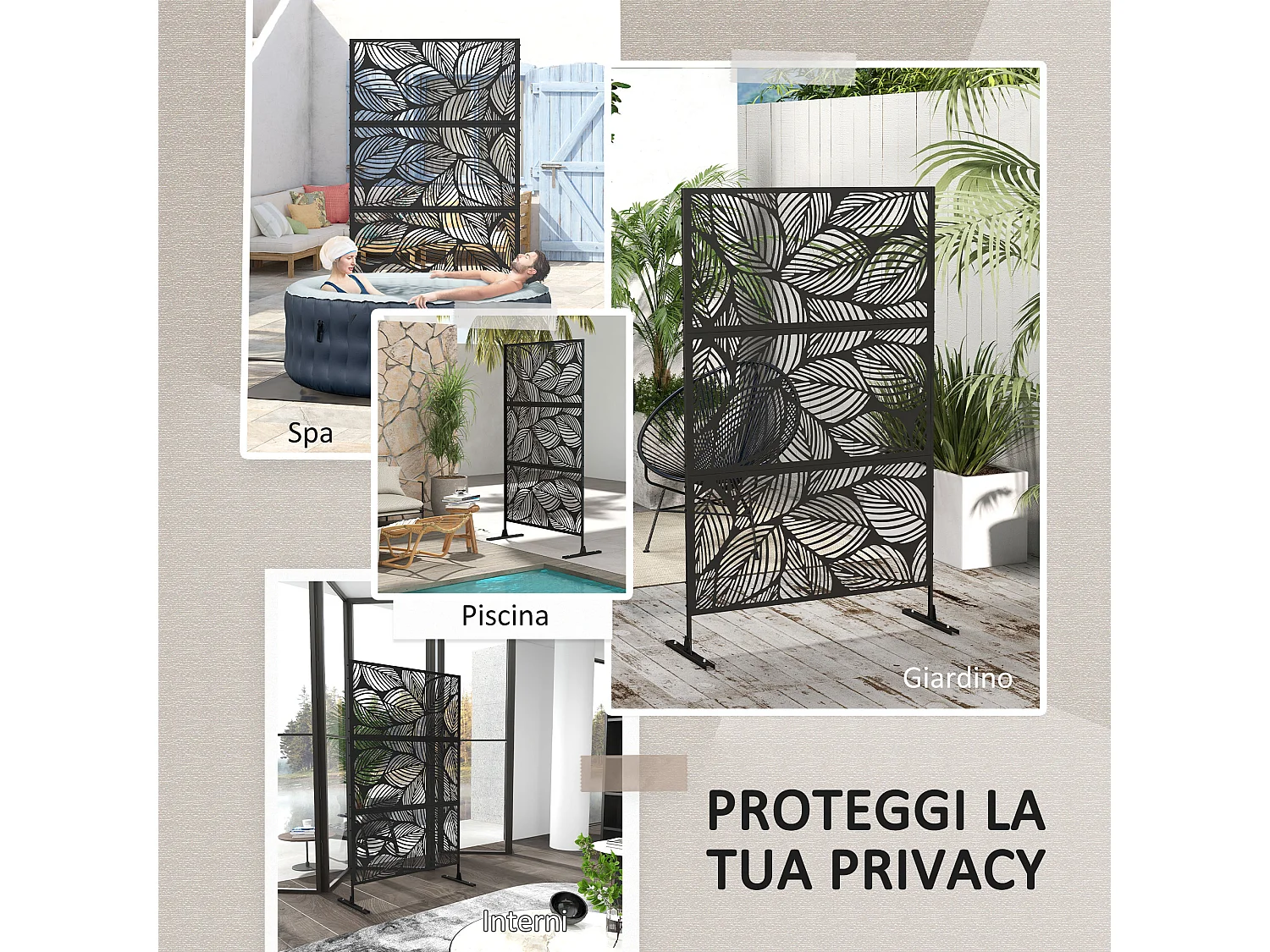 Paravento da esterno decorativo traforato a foglie in acciaio nero