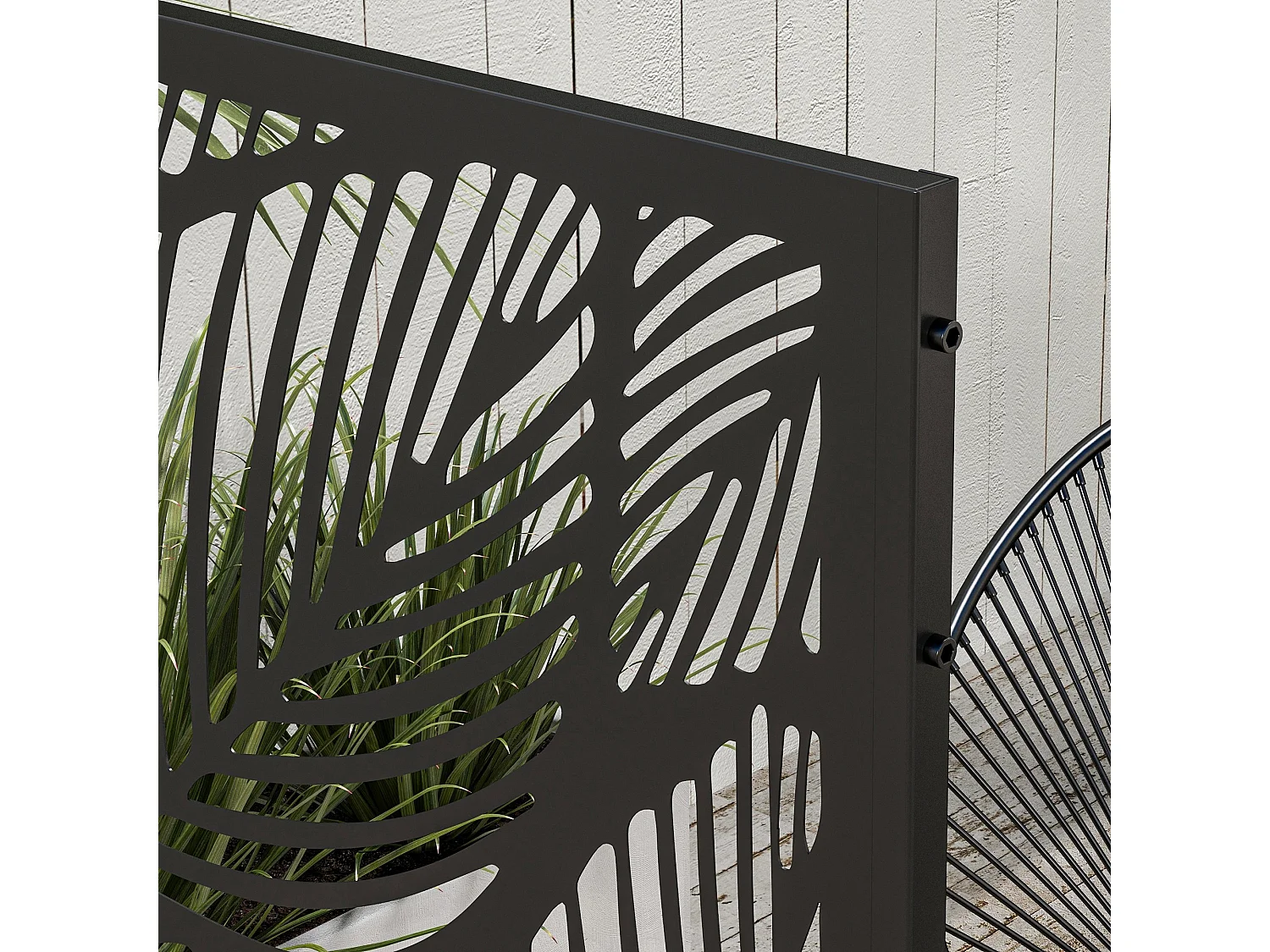 Paravento da esterno decorativo traforato a foglie in acciaio nero