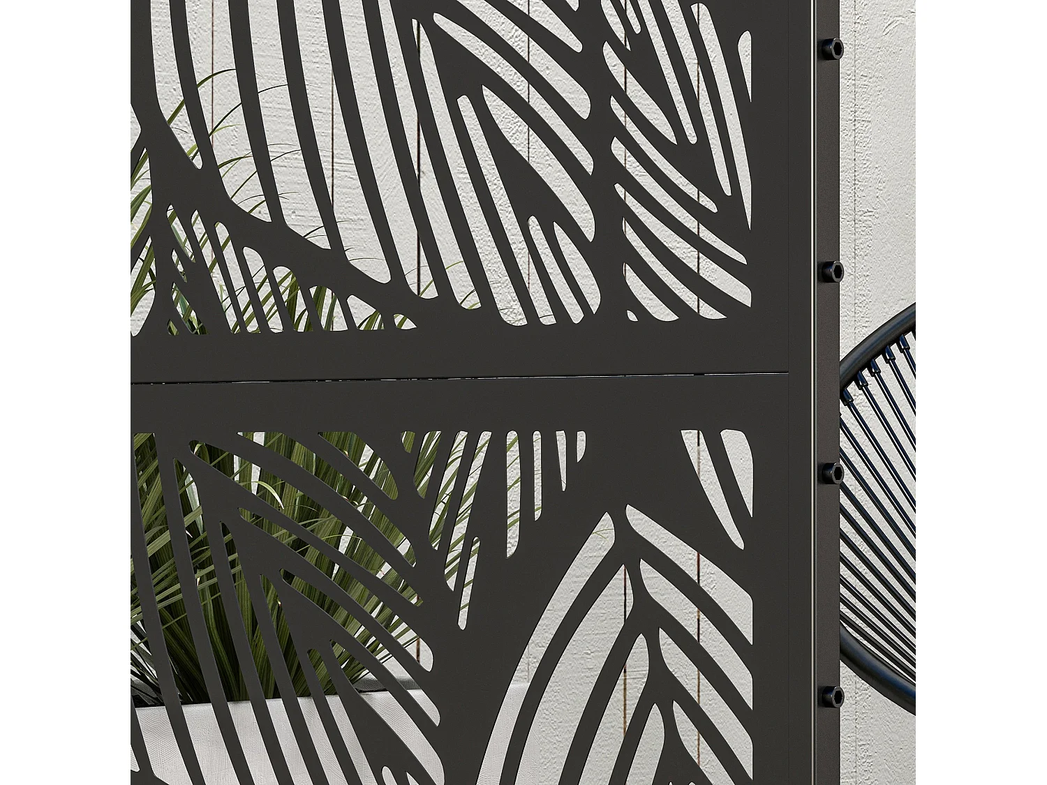 Paravento da esterno decorativo traforato a foglie in acciaio nero