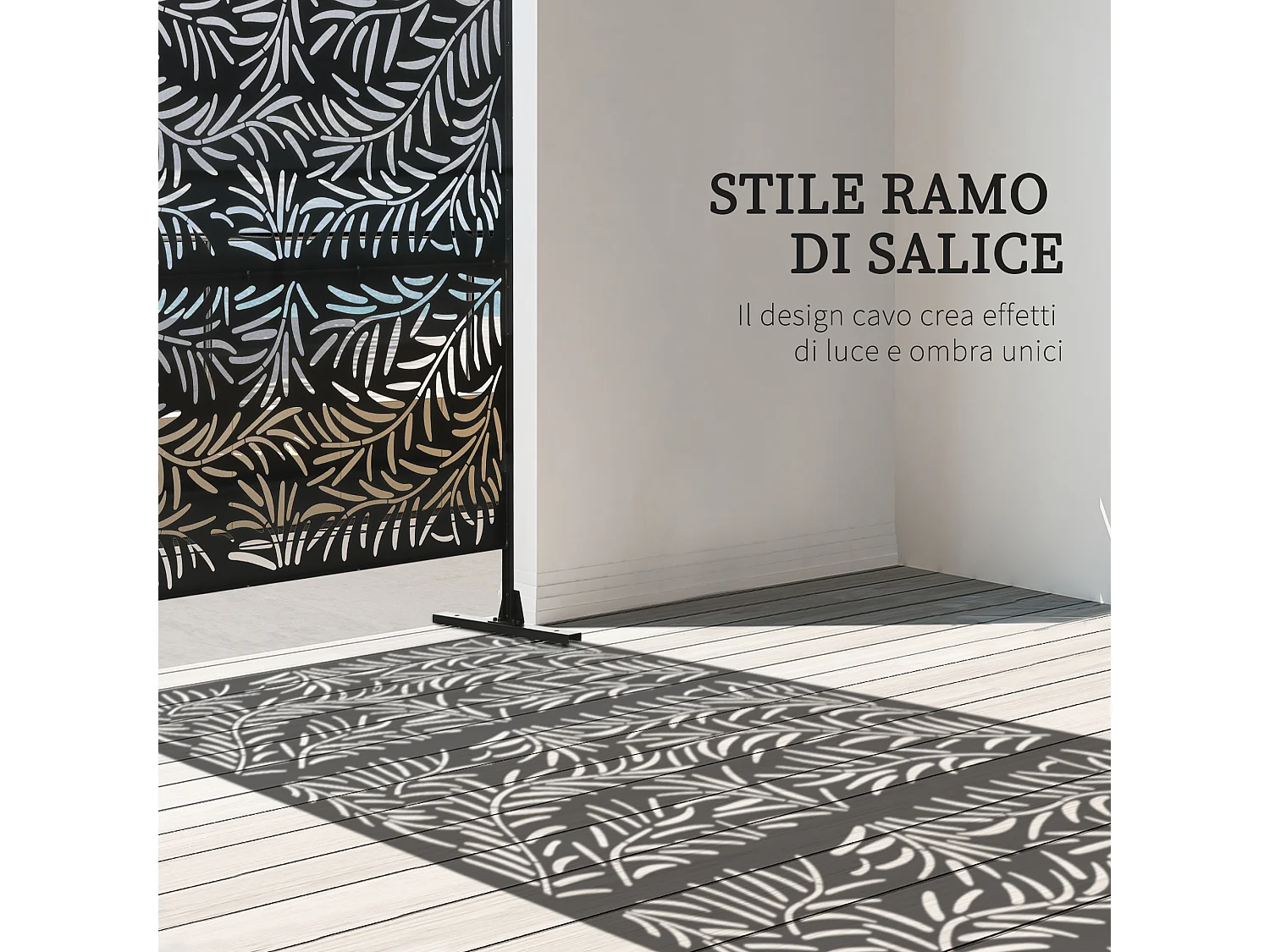 Paravento da esterno con motivi a salice e 2 piedini in acciaio nero