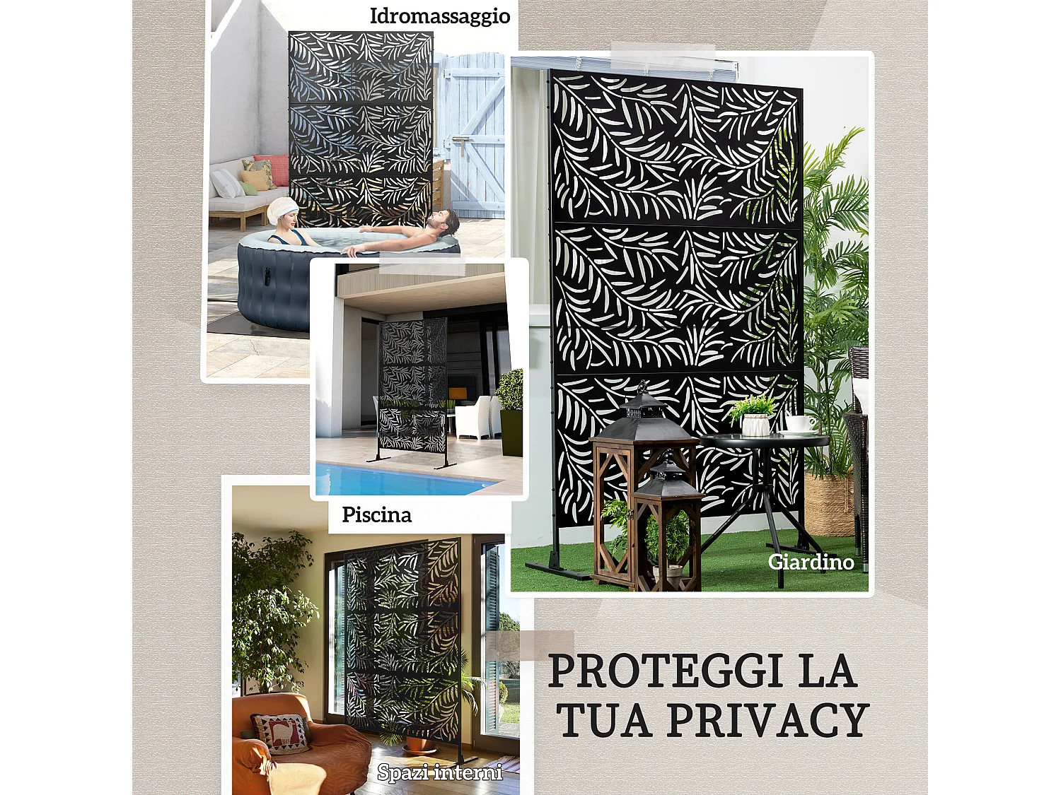 Paravento da esterno con motivi a salice e 2 piedini in acciaio nero