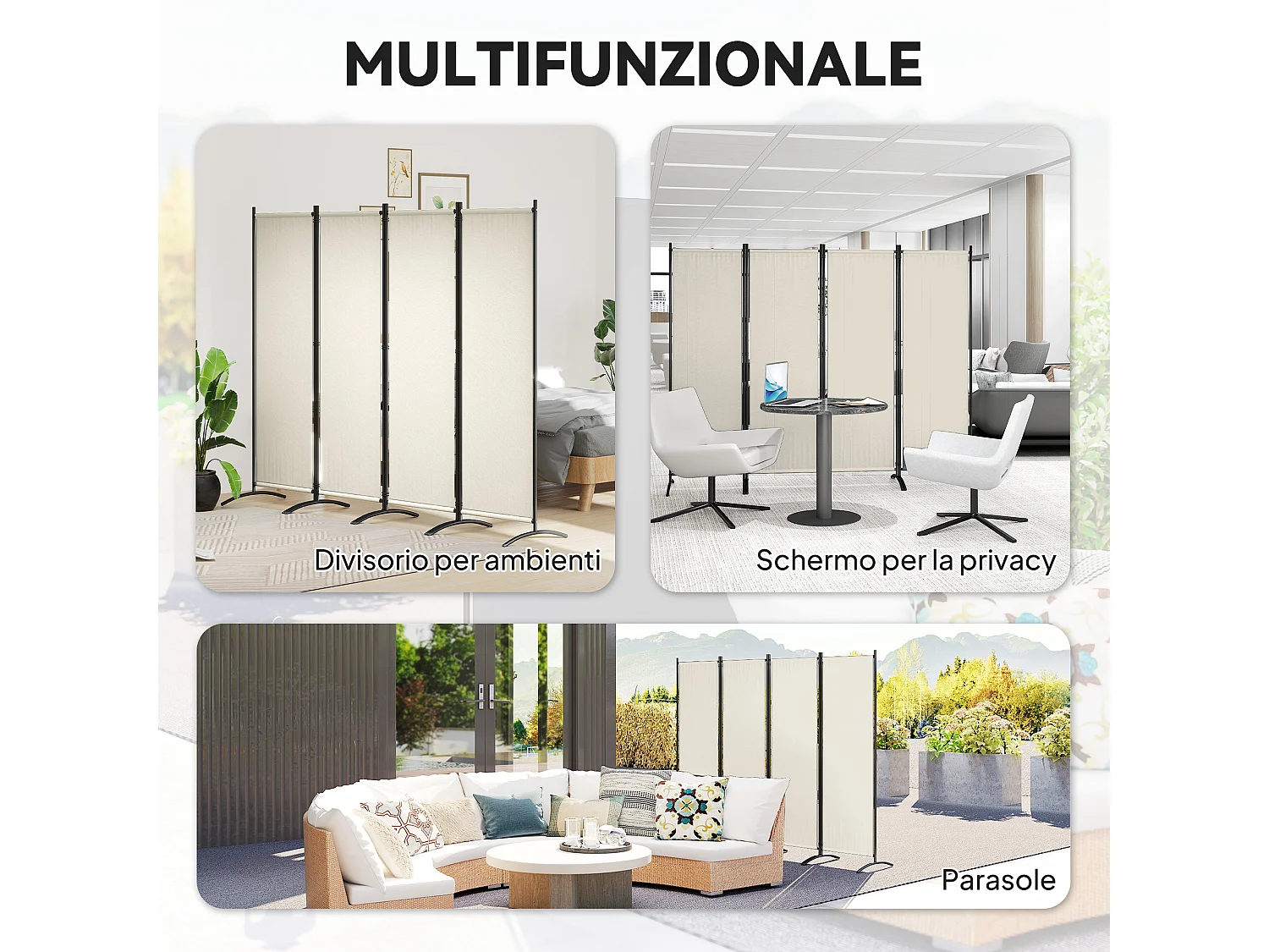 Paravento da giardino 4 pannelli pieghevoli, 221x50x172cm crema