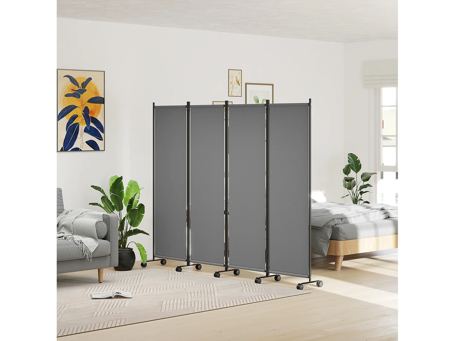 Paravento da giardino con 4 pannelli pieghevoli e ruote grigio scuro