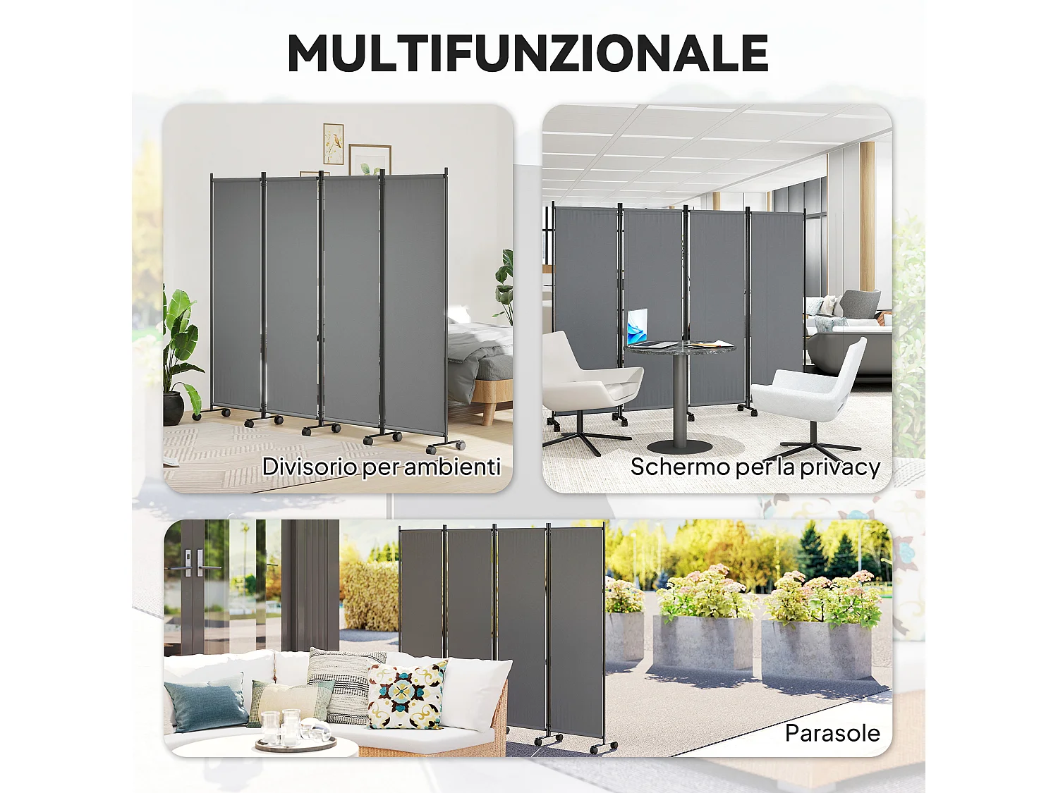 Paravento da giardino con 4 pannelli pieghevoli e ruote grigio scuro