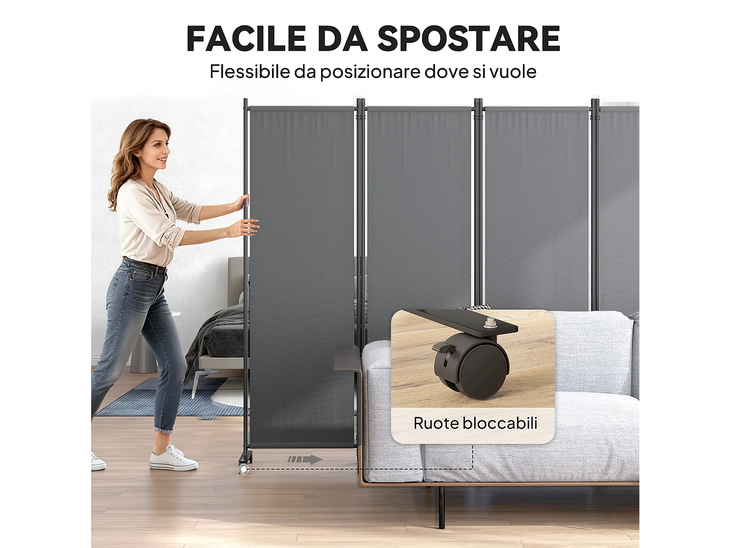 Paravento da giardino con 4 pannelli pieghevoli e ruote grigio scuro