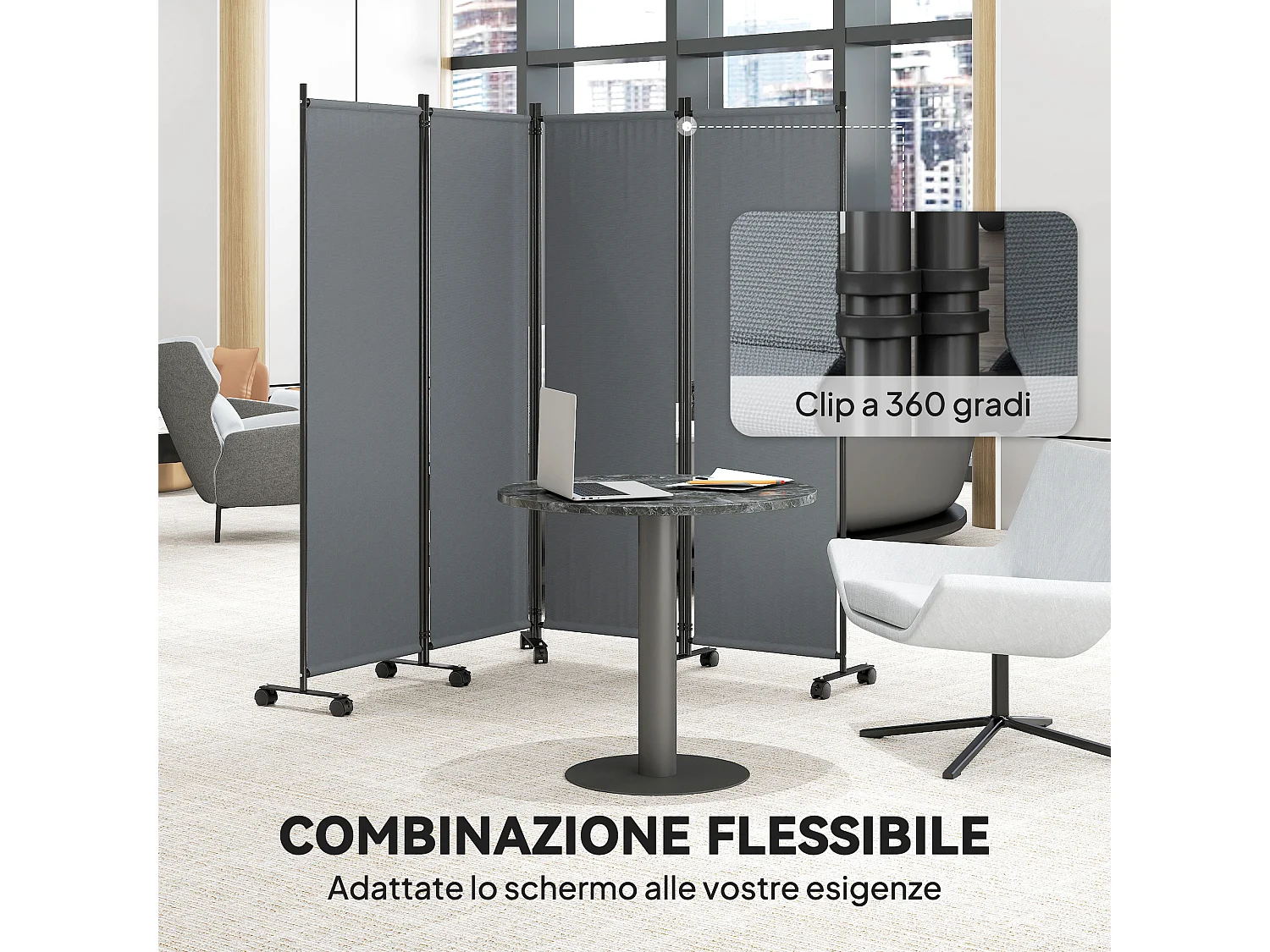 Paravento da giardino con 4 pannelli pieghevoli e ruote grigio scuro