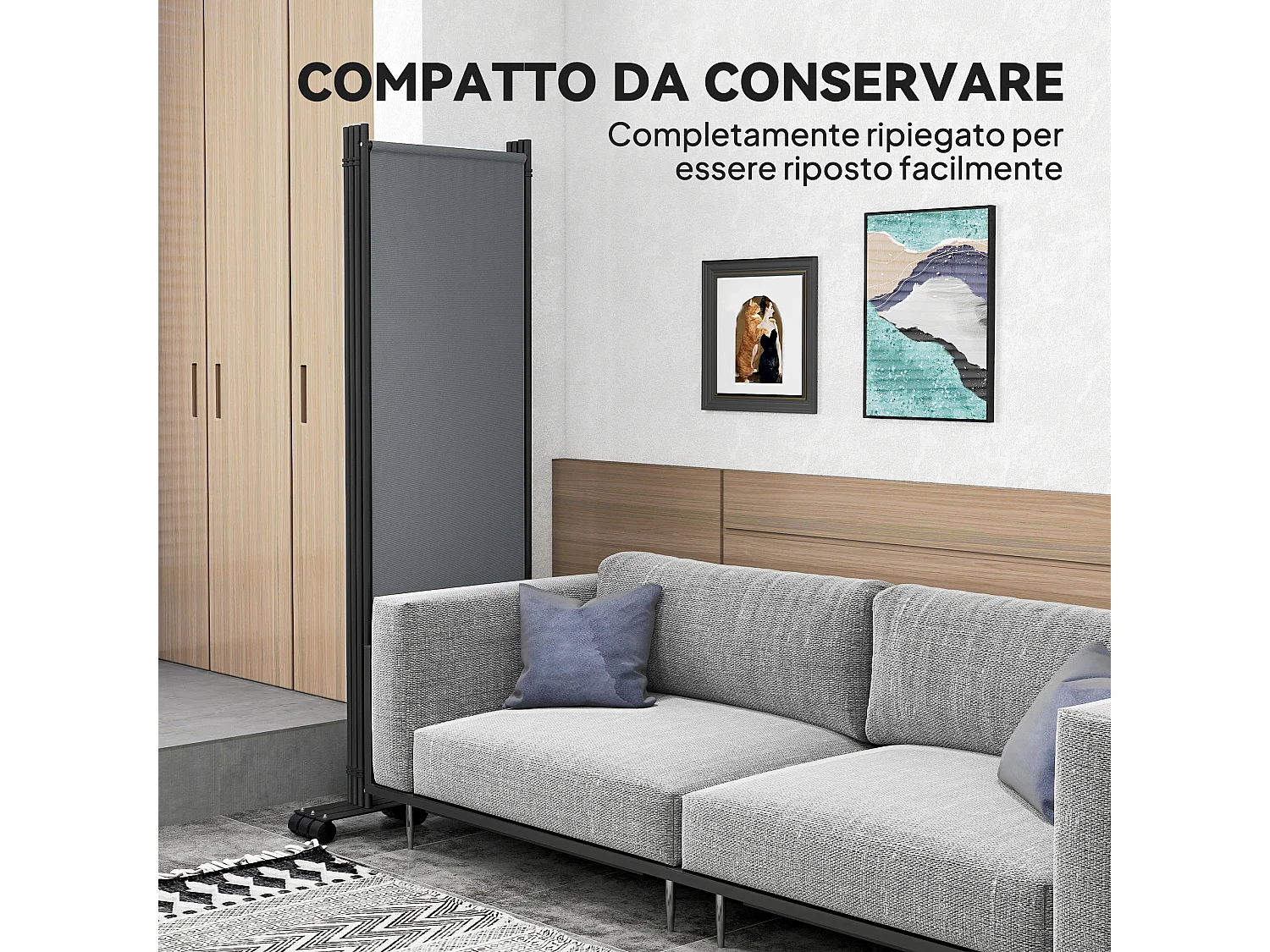 Paravento da giardino con 4 pannelli pieghevoli e ruote grigio scuro