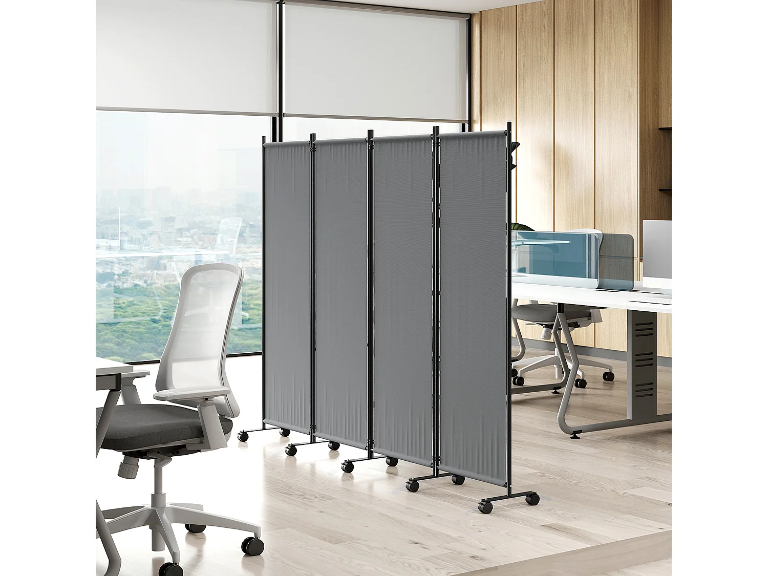 Paravento da giardino con 4 pannelli pieghevoli e ruote grigio scuro