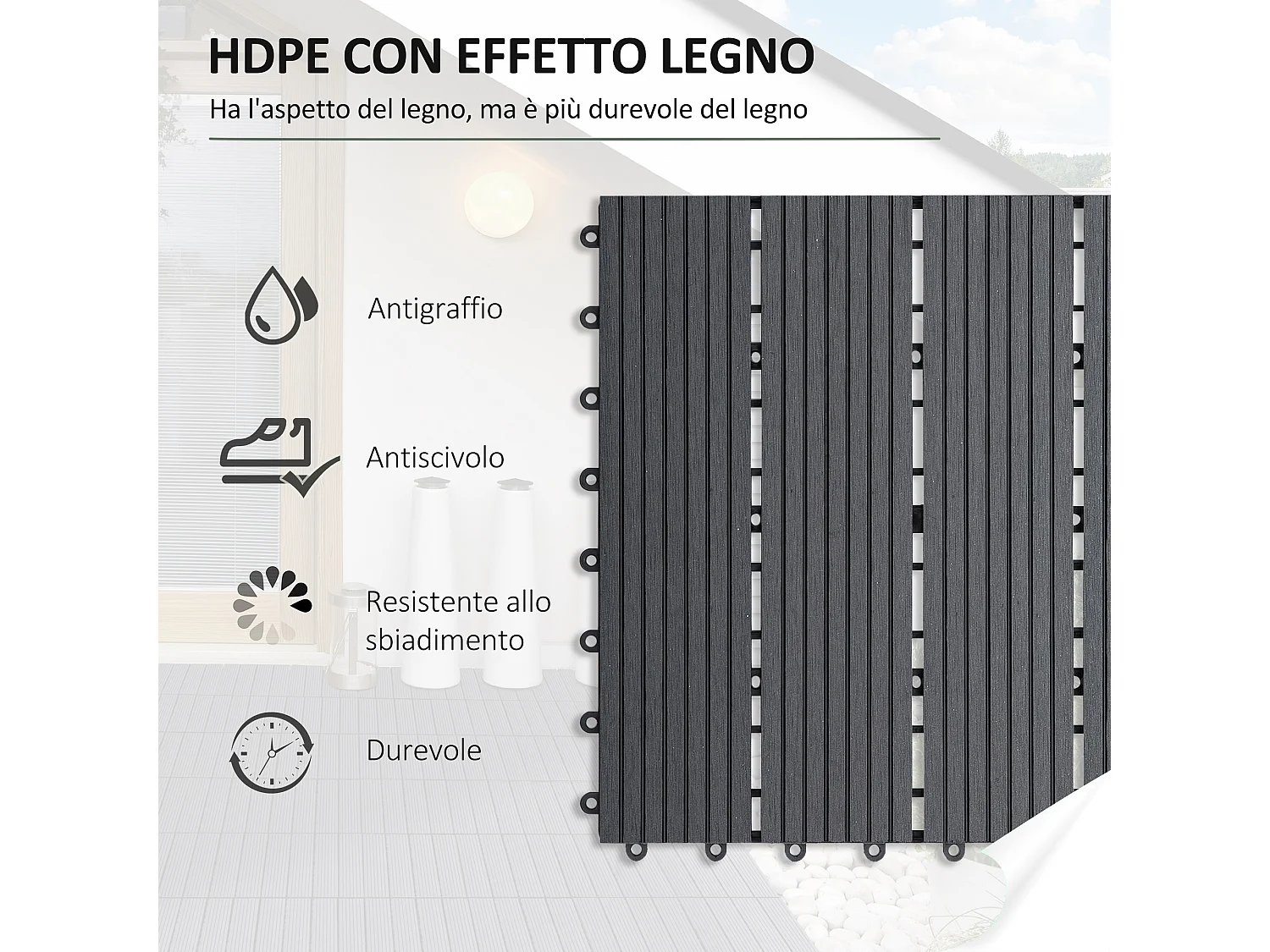 Set 11 piastrelle per esterni ad incastro antiscivolo in hdpe grigio