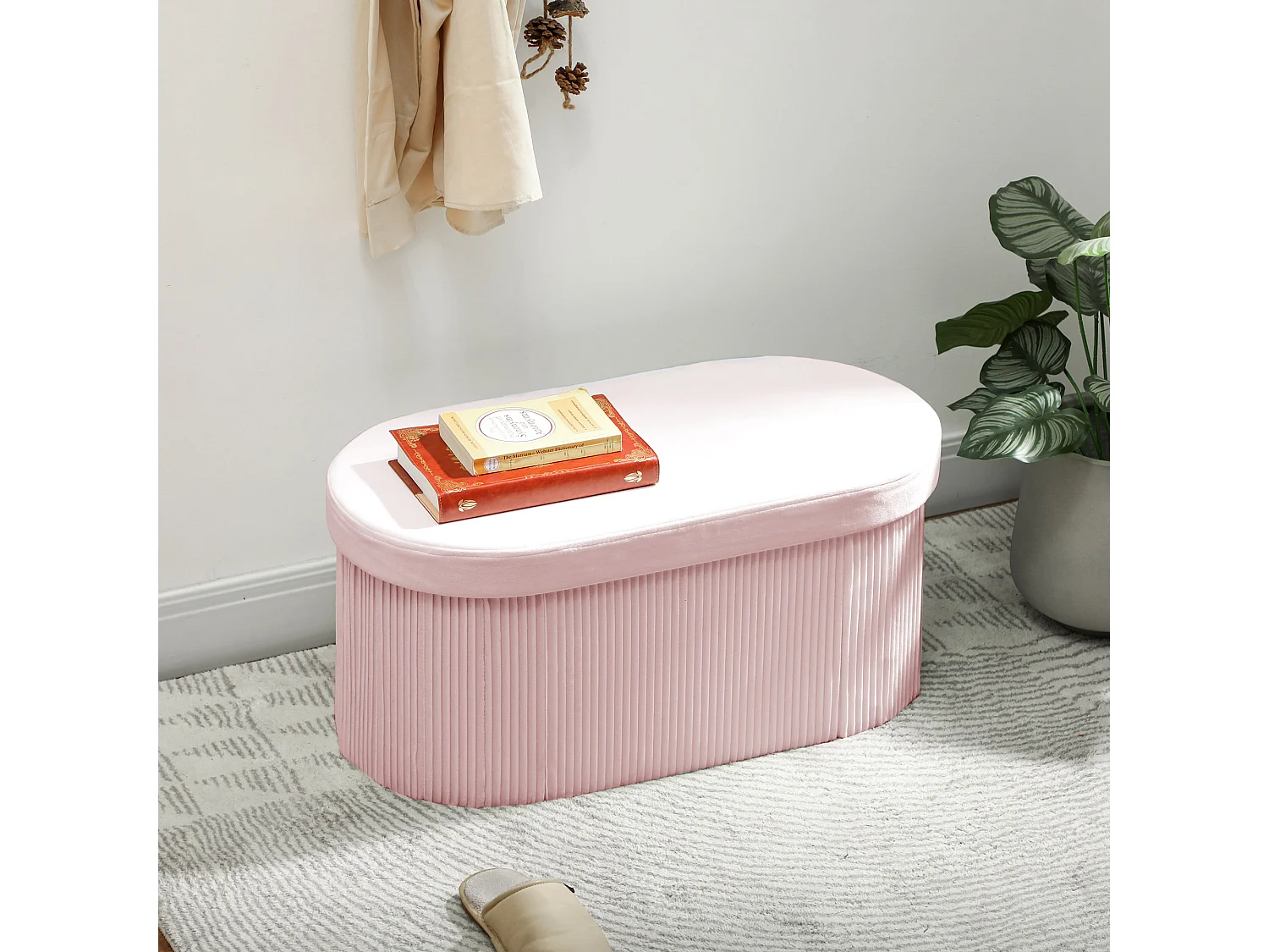 Pouf contenitore pieghevole con vano da 72l in velluto rosa