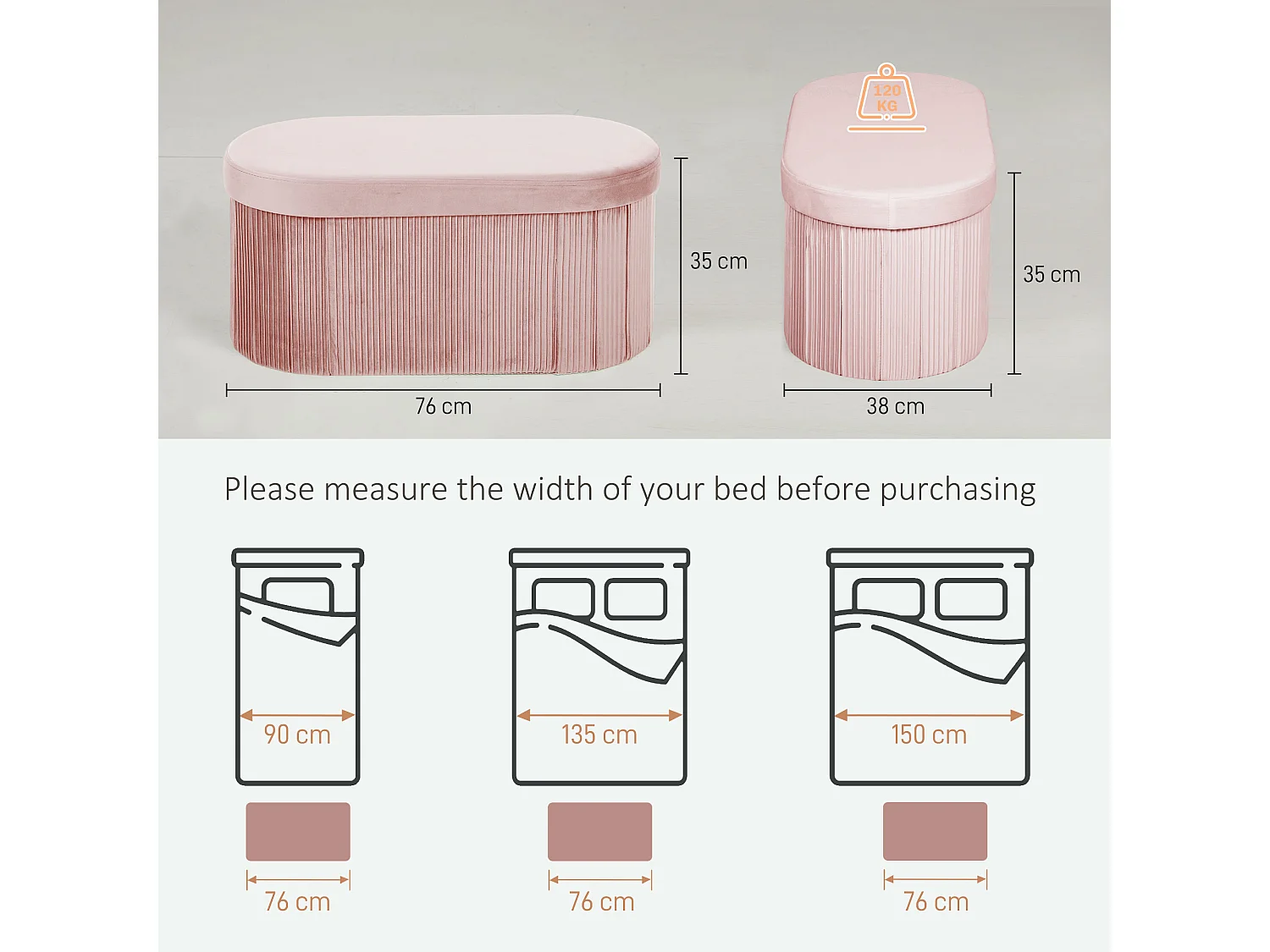 Pouf contenitore pieghevole con vano da 72l in velluto rosa