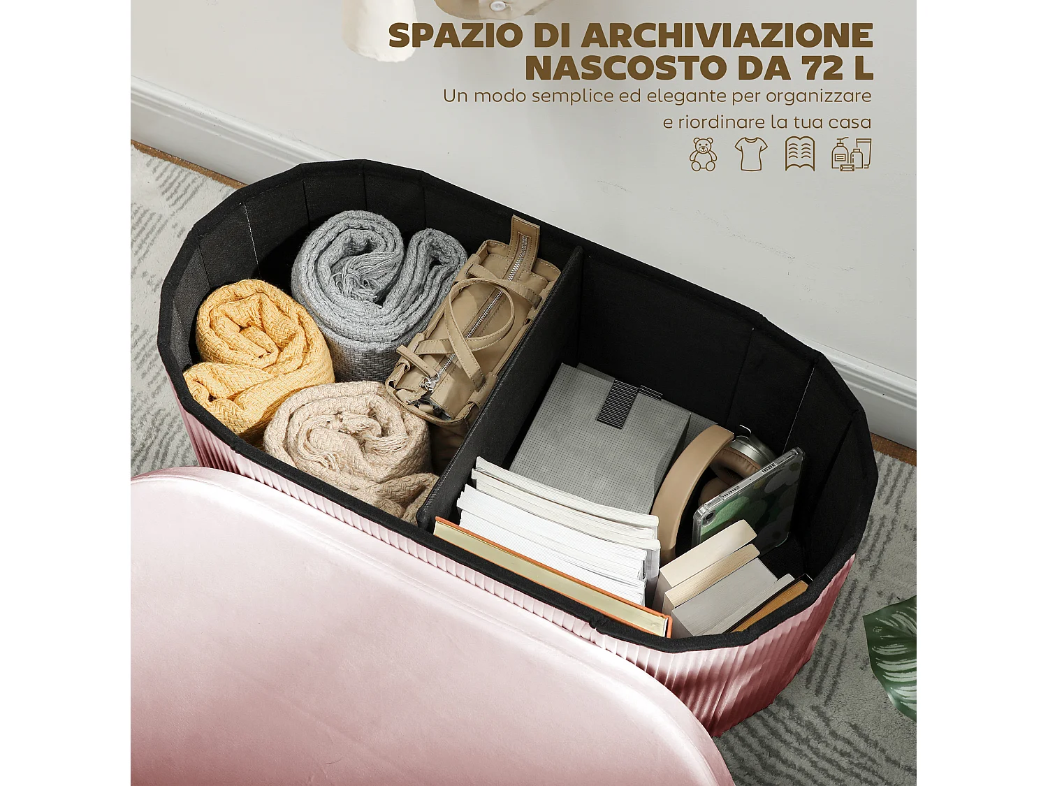 Pouf contenitore pieghevole con vano da 72l in velluto rosa