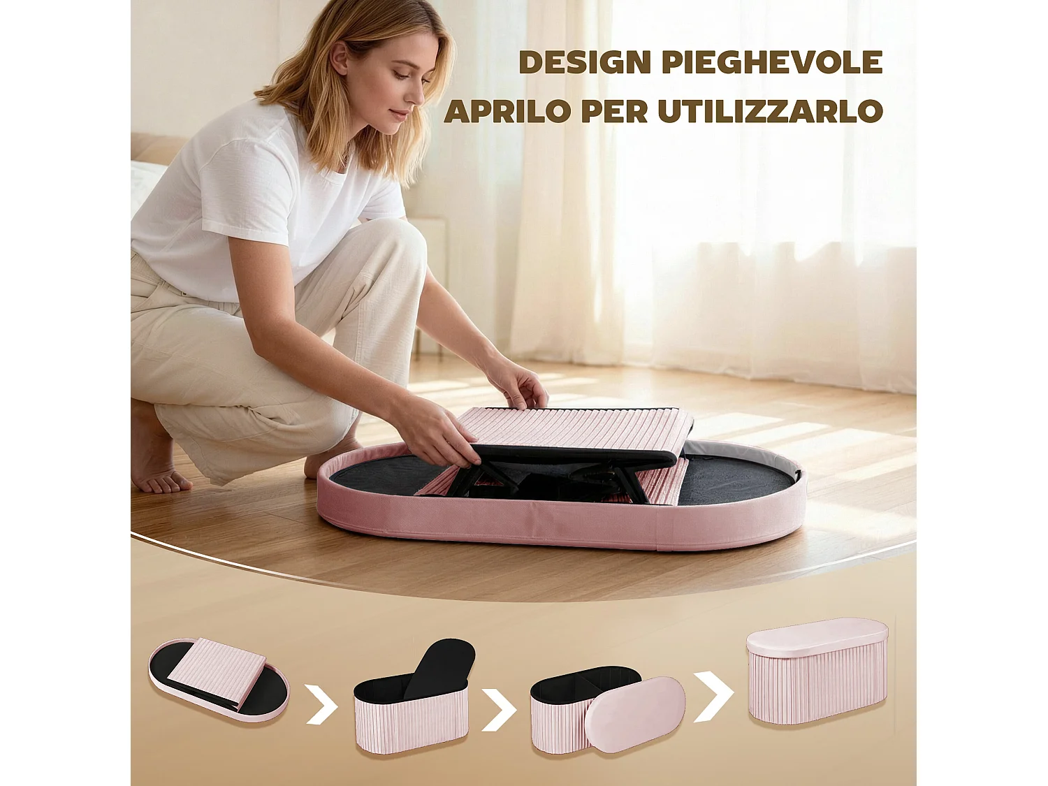 Pouf contenitore pieghevole con vano da 72l in velluto rosa