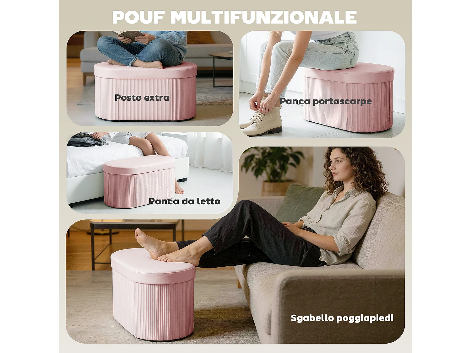Pouf contenitore pieghevole con vano da 72l in velluto rosa