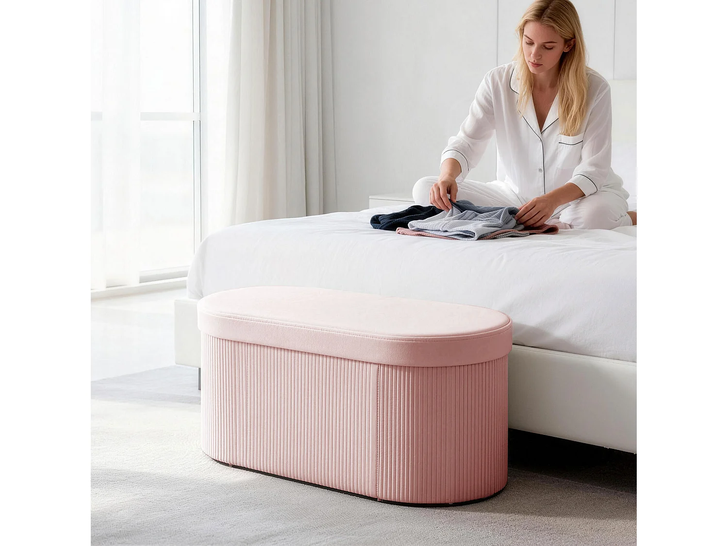 Pouf contenitore pieghevole con vano da 72l in velluto rosa
