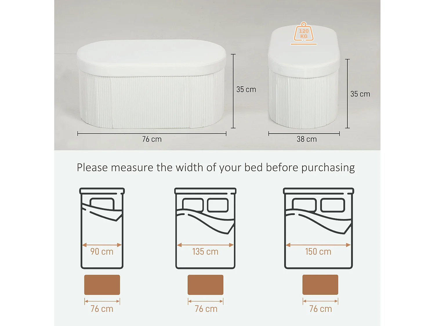 Pouf contenitore pieghevole con vano da 72l in velluto crema