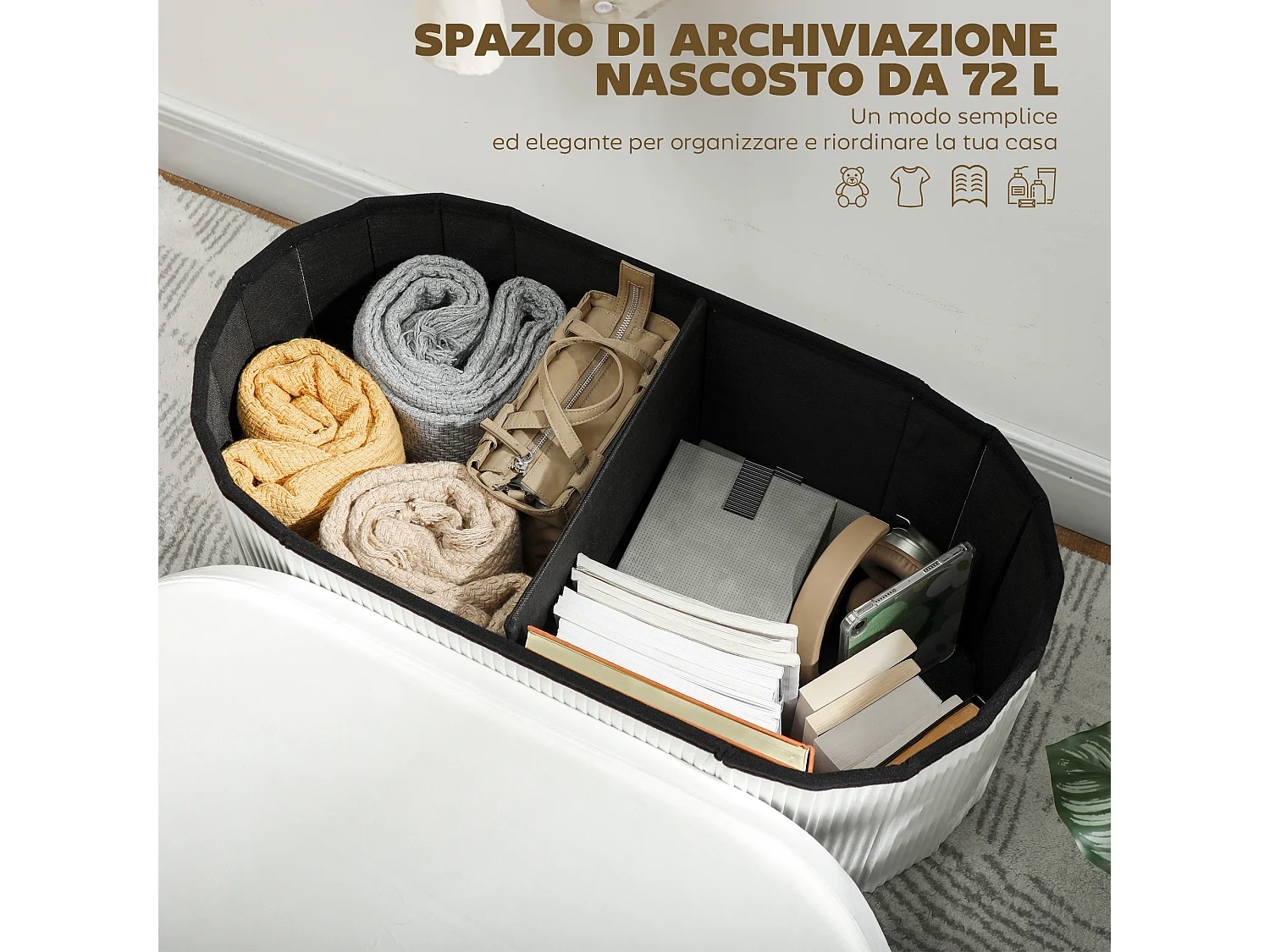 Pouf contenitore pieghevole con vano da 72l in velluto crema