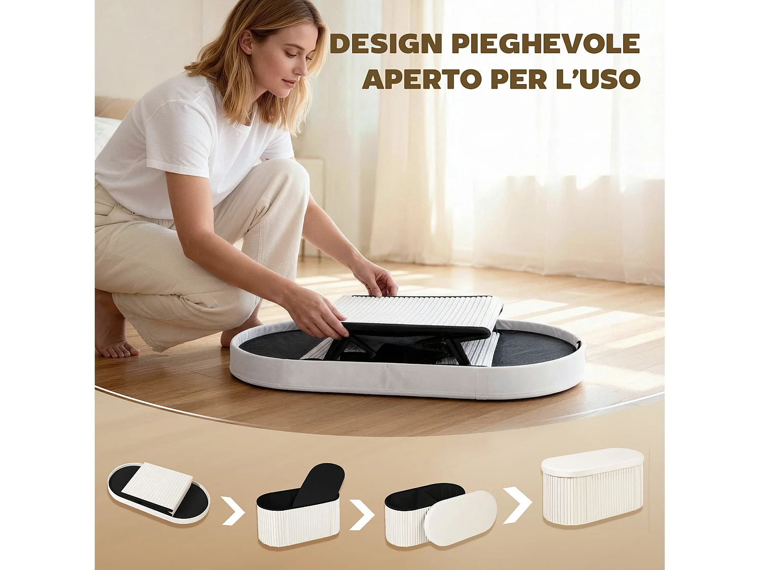 Pouf contenitore pieghevole con vano da 72l in velluto crema