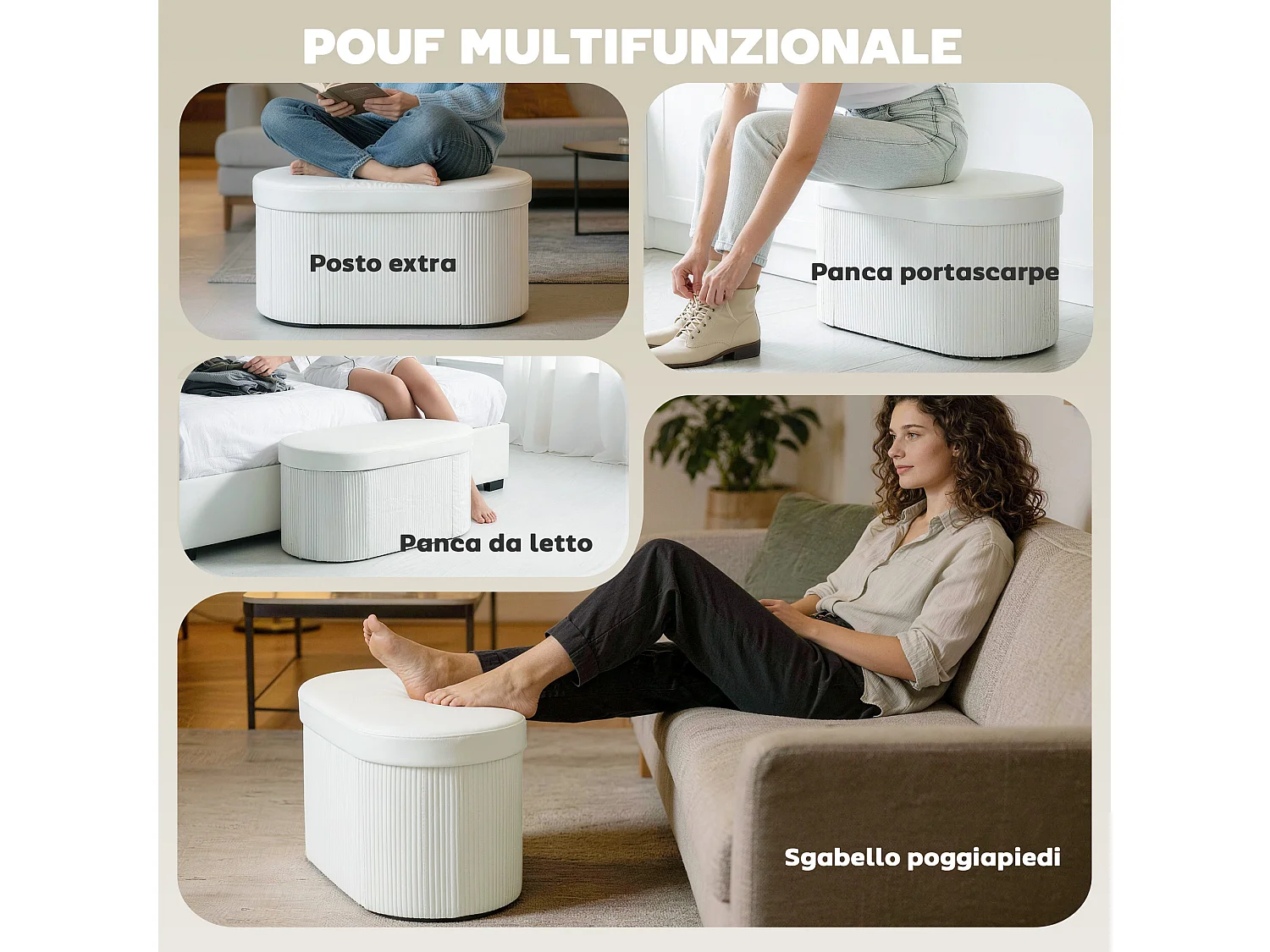 Pouf contenitore pieghevole con vano da 72l in velluto crema