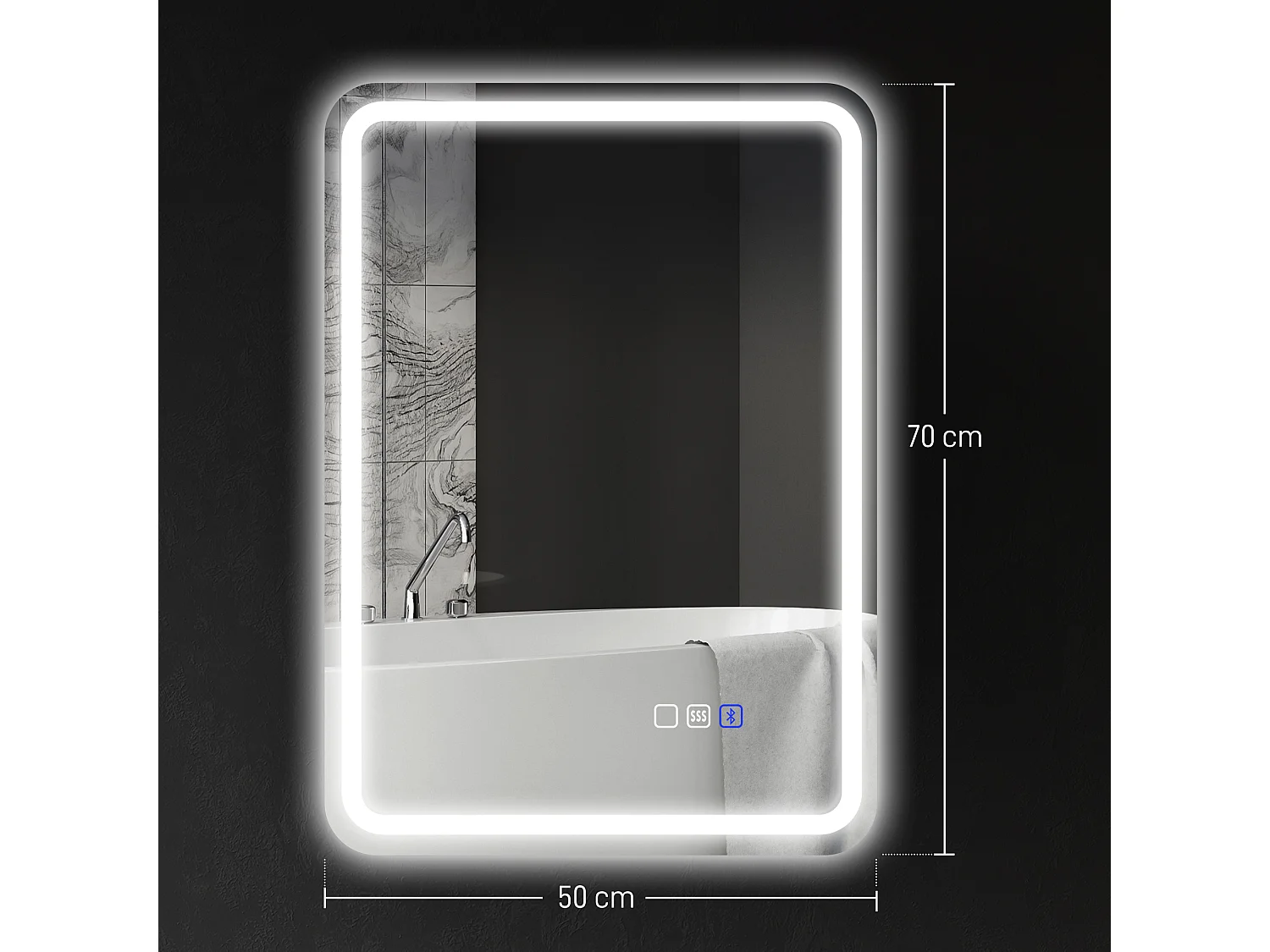Specchio bagno led con bluetooth e funzione memory 70x50x3.5 cm