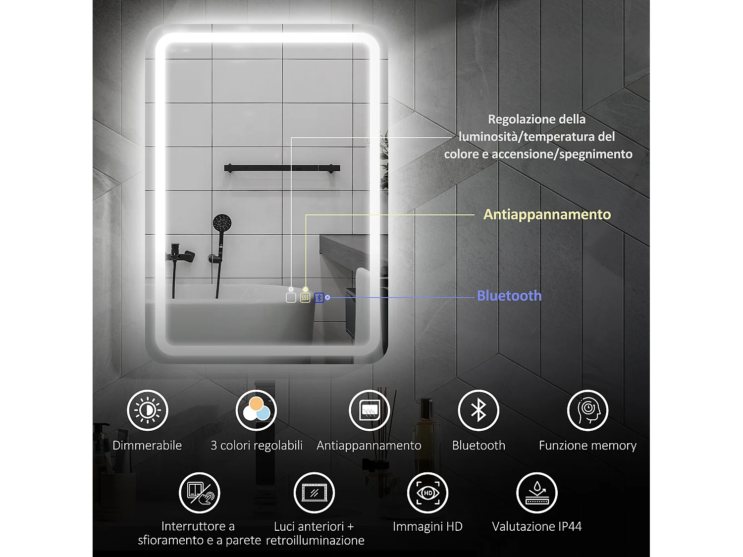 Specchio bagno led con bluetooth e funzione memory 70x50x3.5 cm