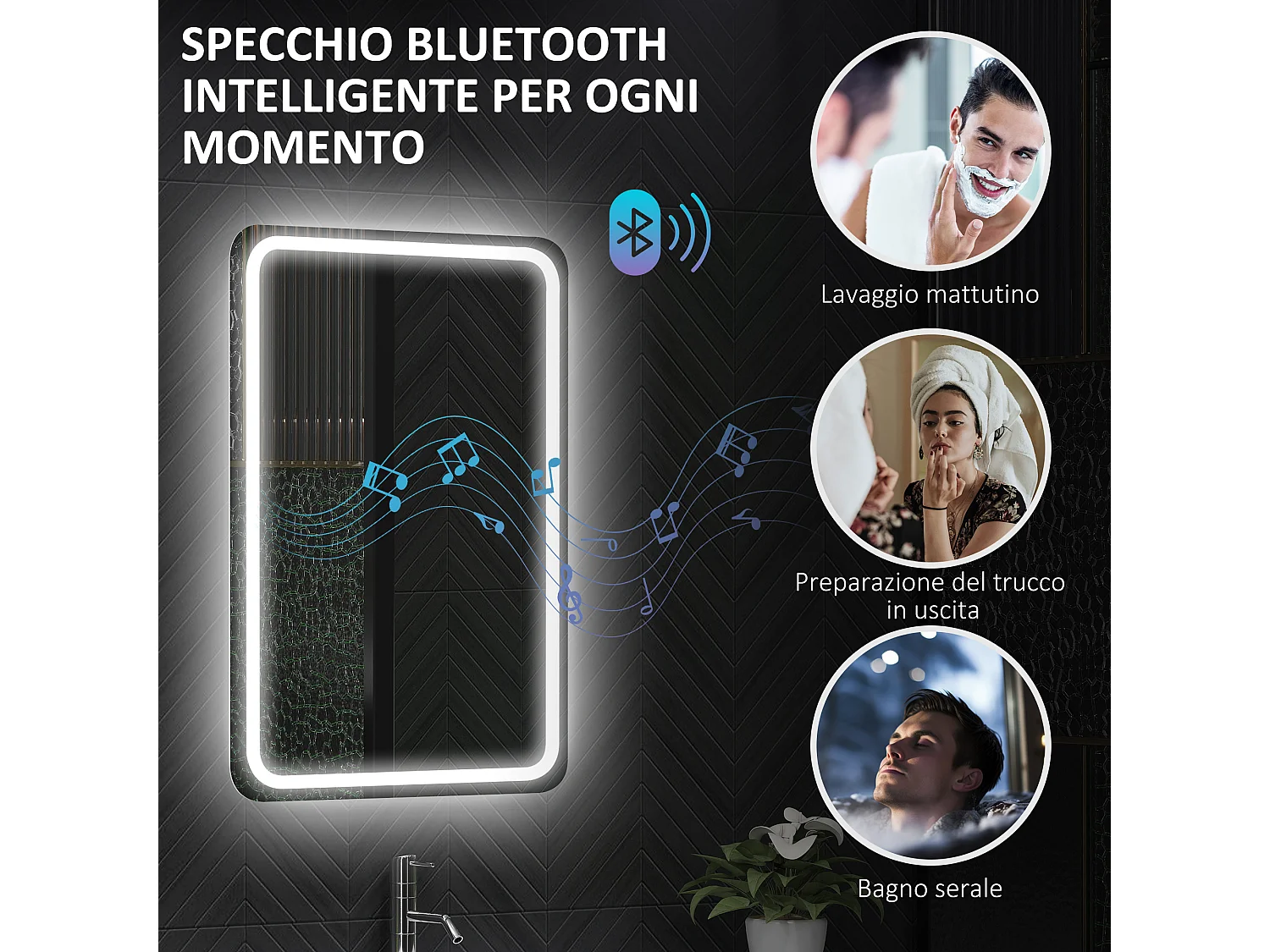 Specchio bagno led con bluetooth e funzione memory 70x50x3.5 cm