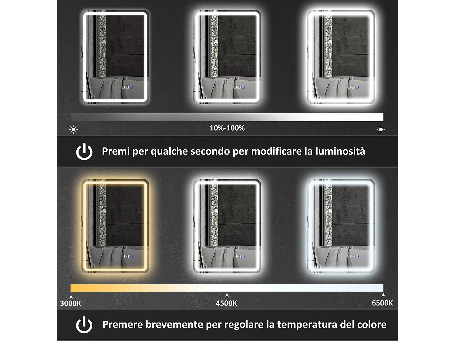 Specchio bagno led con bluetooth e funzione memory 70x50x3.5 cm