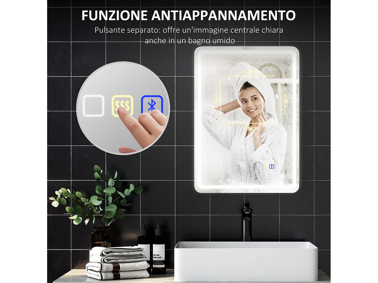 Specchio bagno led con bluetooth e funzione memory 70x50x3.5 cm