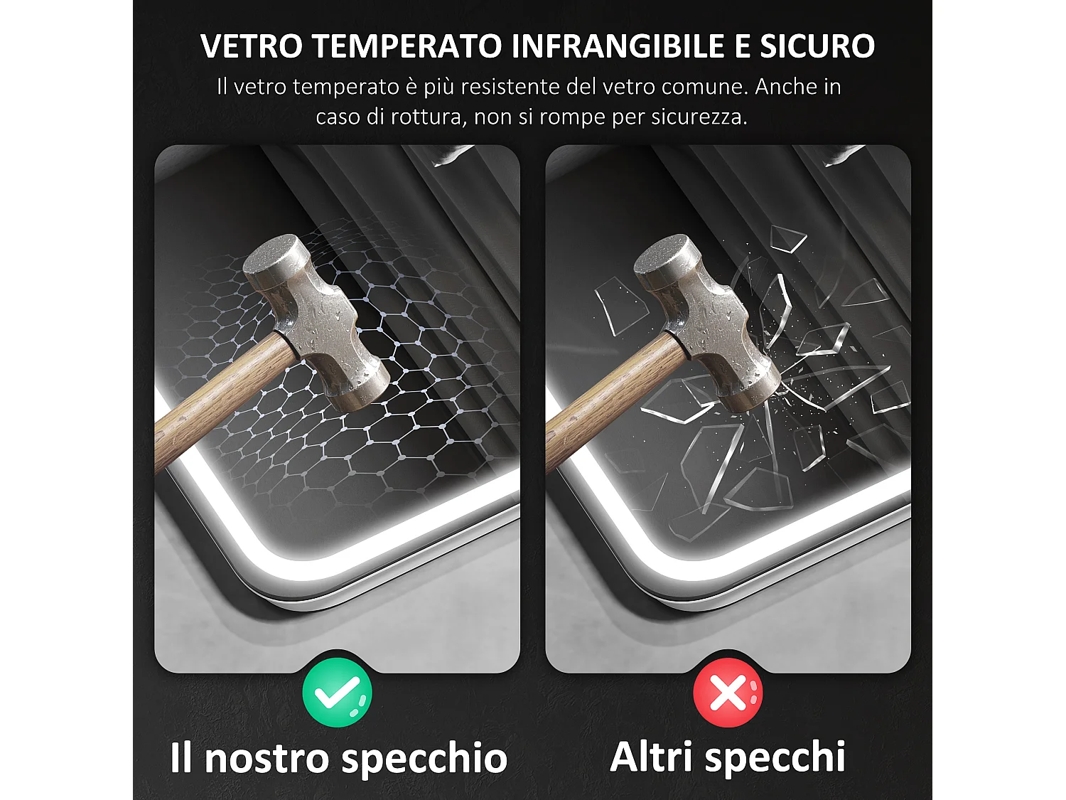 Specchio bagno led con bluetooth e funzione memory 70x50x3.5 cm