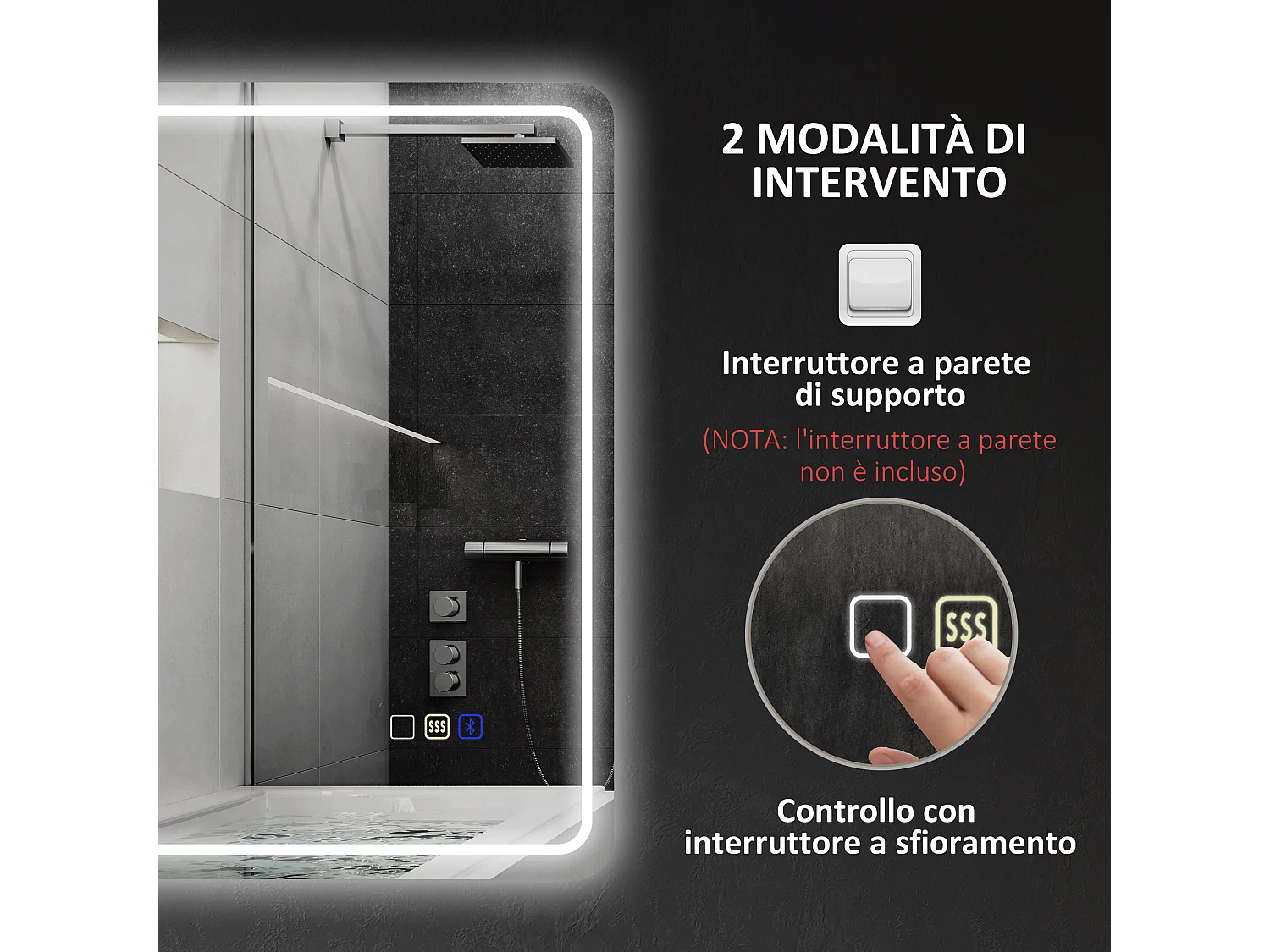 Specchio bagno led con bluetooth e funzione memory 70x50x3.5 cm