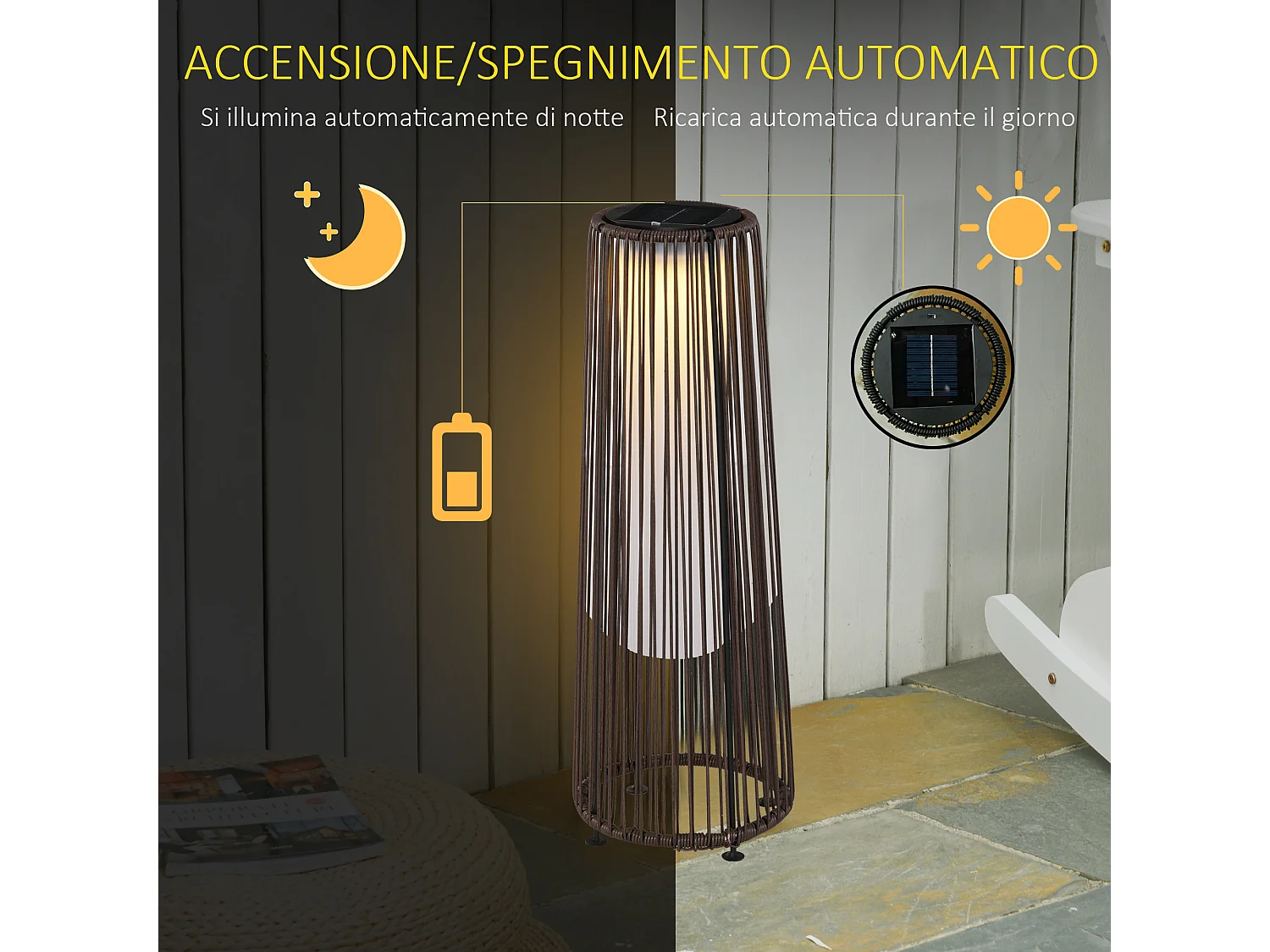 Lanterna solare da terra per giardino in rattan marrone