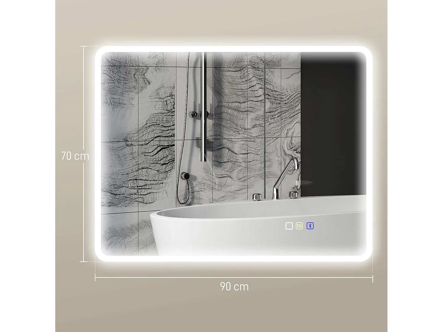 Specchio bagno led con bluetooth e funzione memory 90x70x3.5 cm