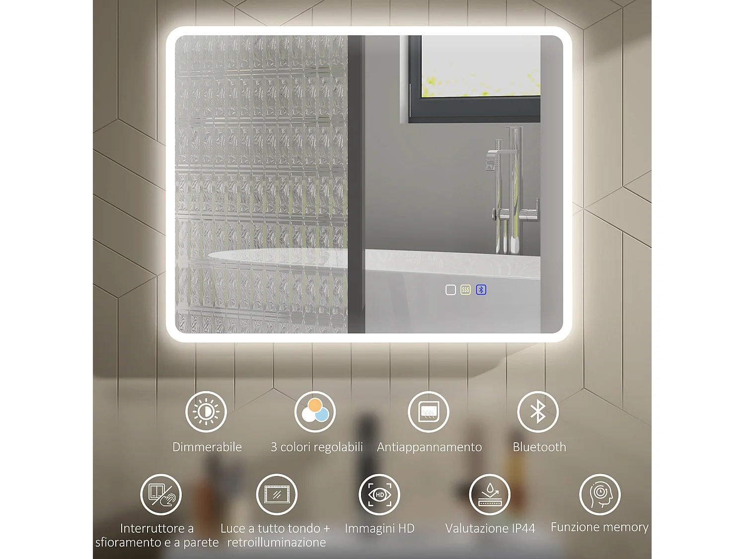 Specchio bagno led con bluetooth e funzione memory 90x70x3.5 cm