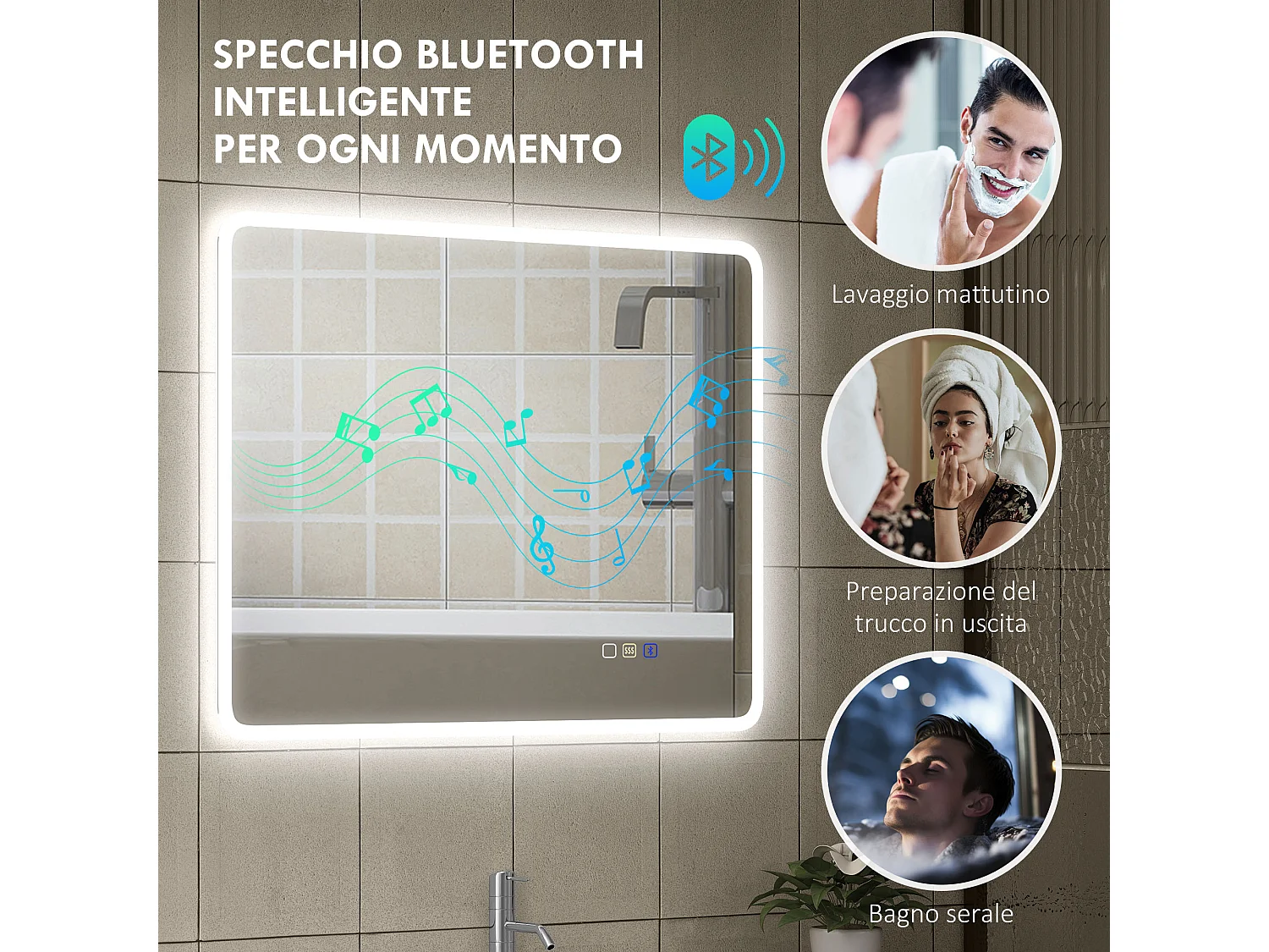 Specchio bagno led con bluetooth e funzione memory 90x70x3.5 cm