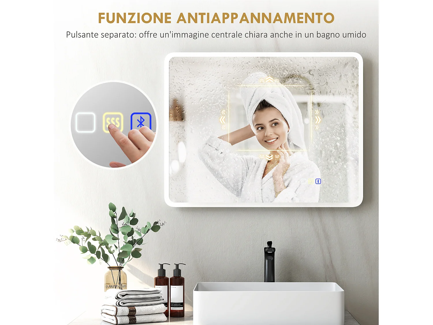 Specchio bagno led con bluetooth e funzione memory 90x70x3.5 cm