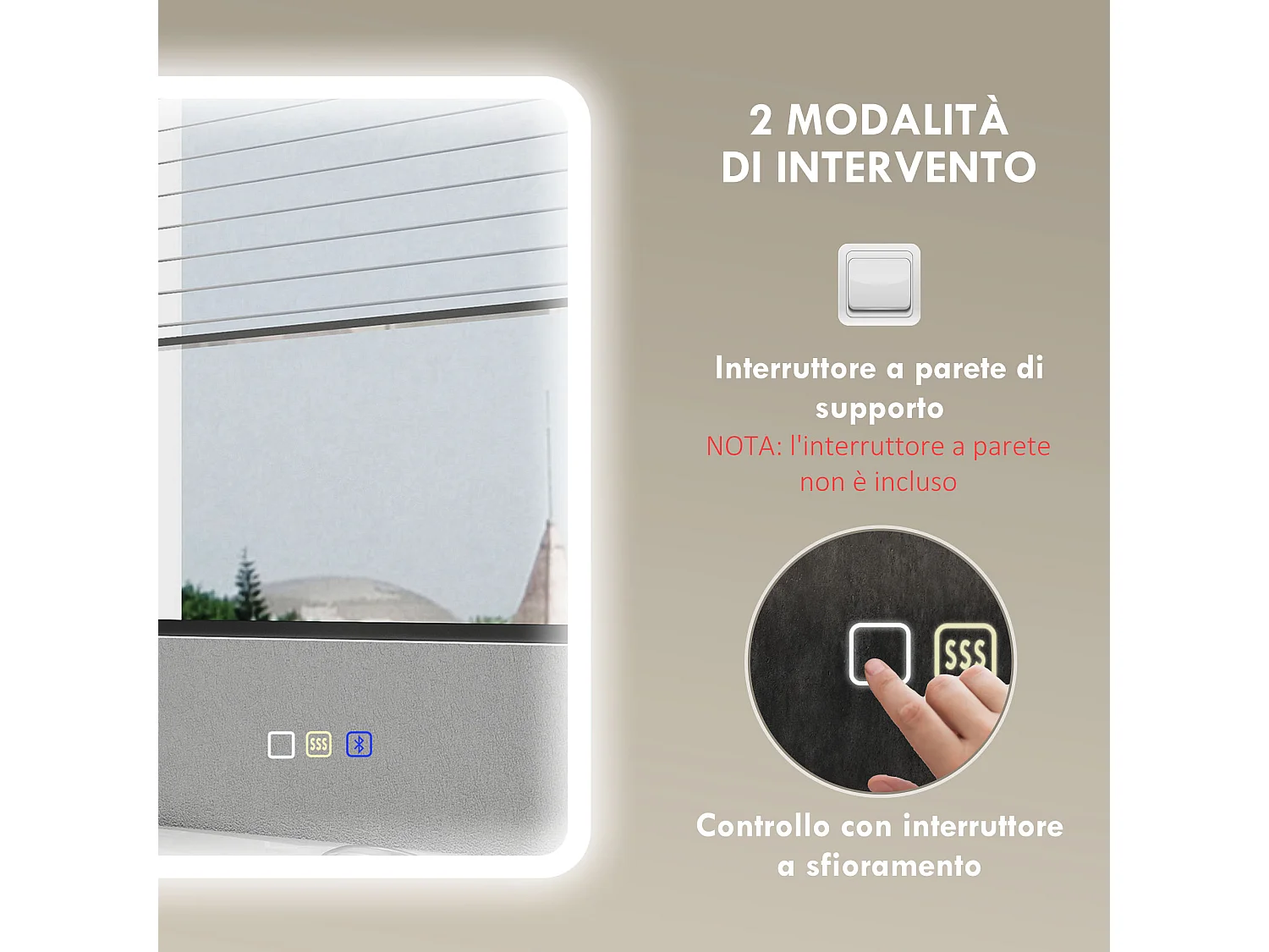 Specchio bagno led con bluetooth e funzione memory 90x70x3.5 cm