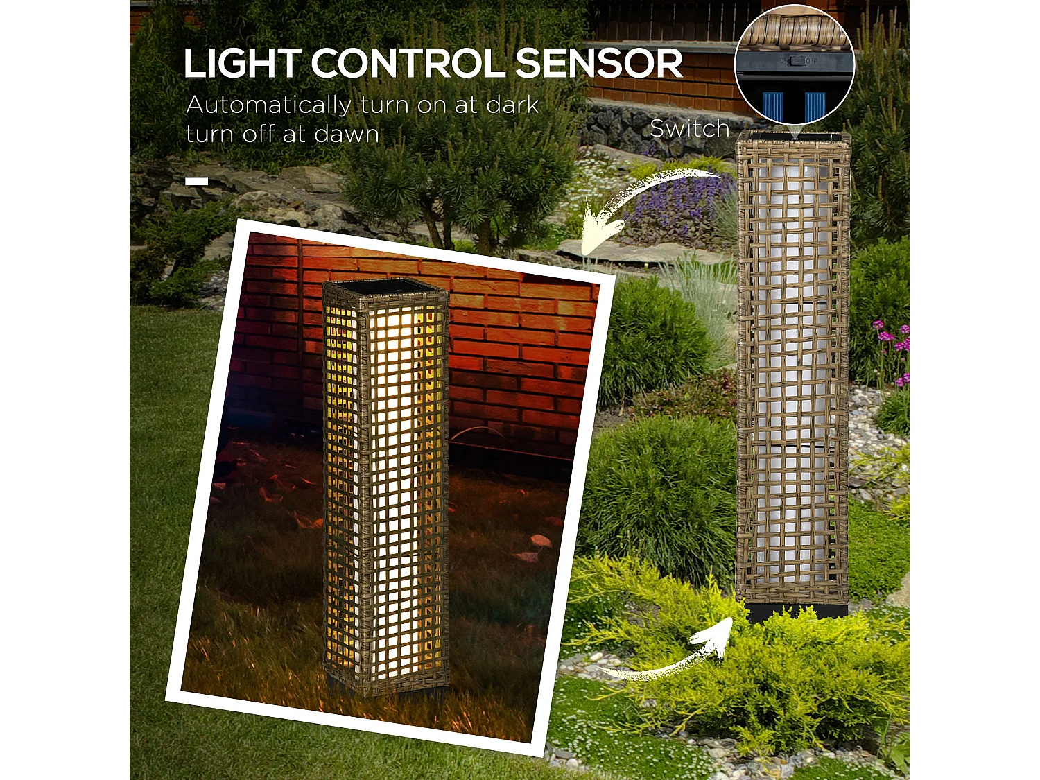 Lampada solare da giardino in acciaio e rattan nero e marrone