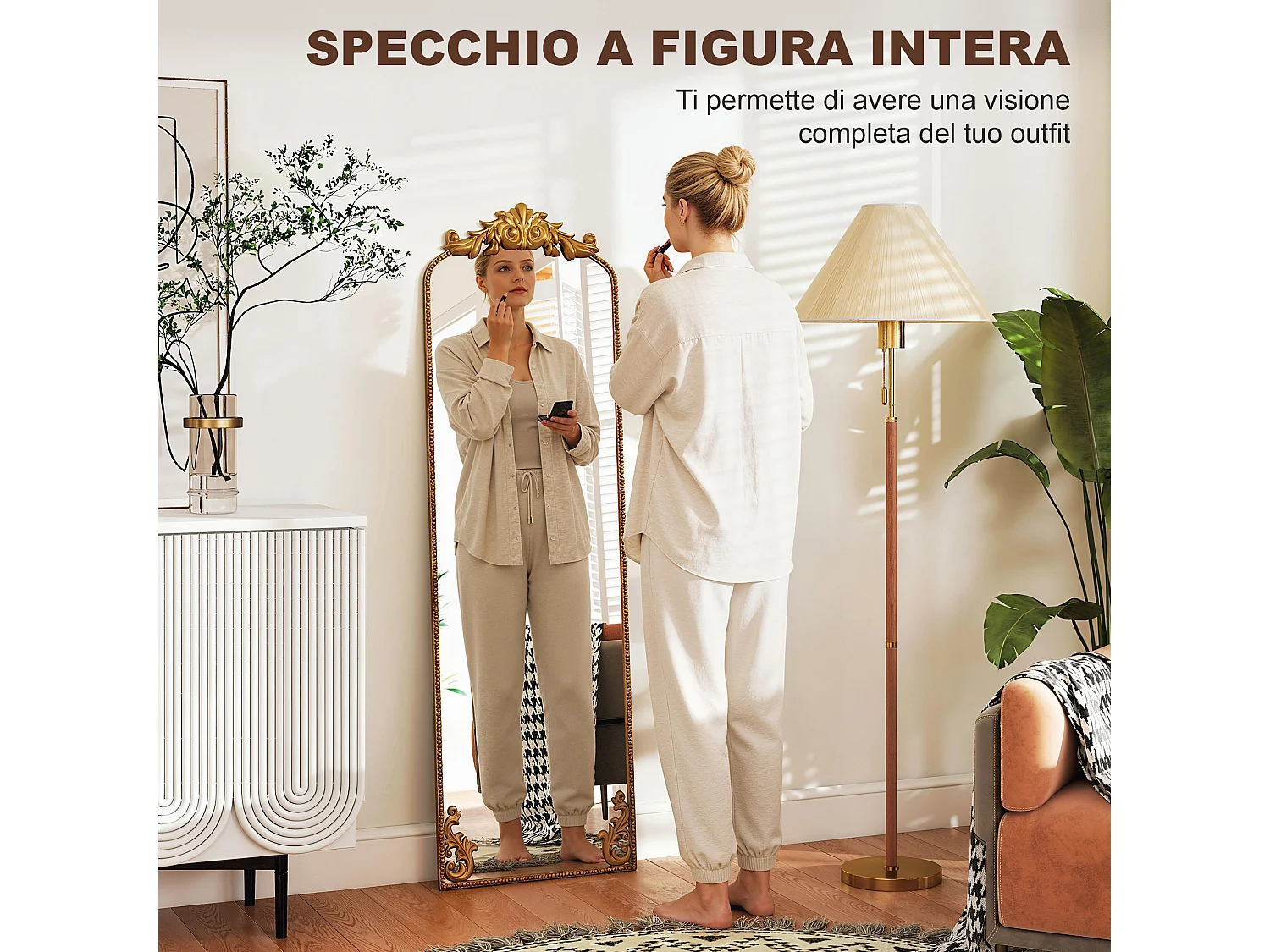 Specchio da terra stile barocco in metallo colore oro