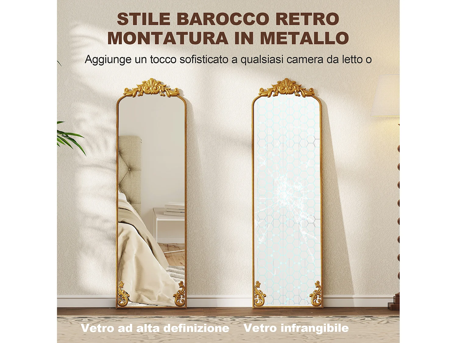 Specchio da terra stile barocco in metallo colore oro