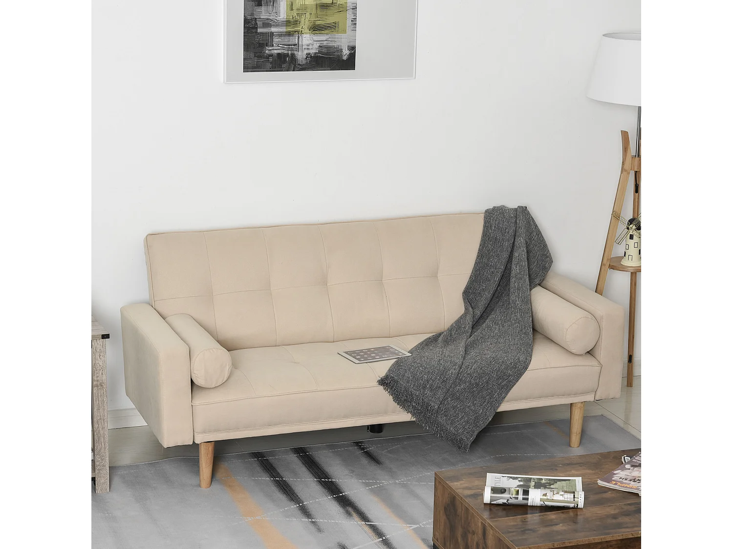Divano Letto 3 Posti con Schienale Regolabile su 3 Livelli Beige