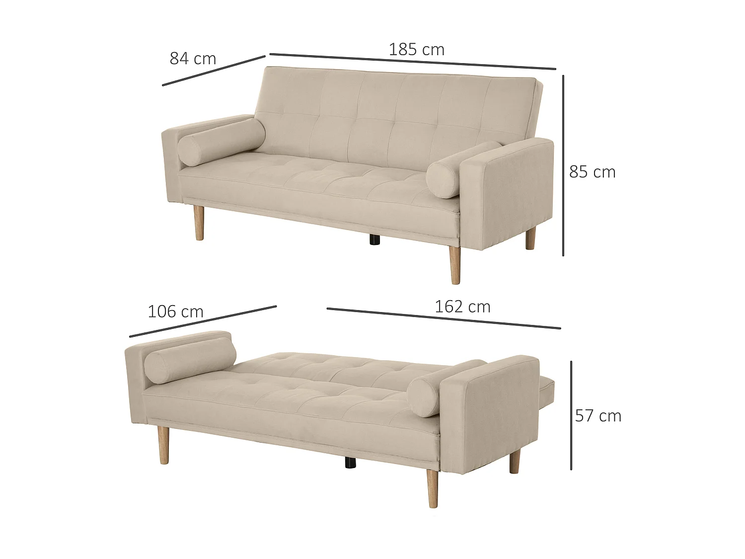 Divano Letto 3 Posti con Schienale Regolabile su 3 Livelli Beige