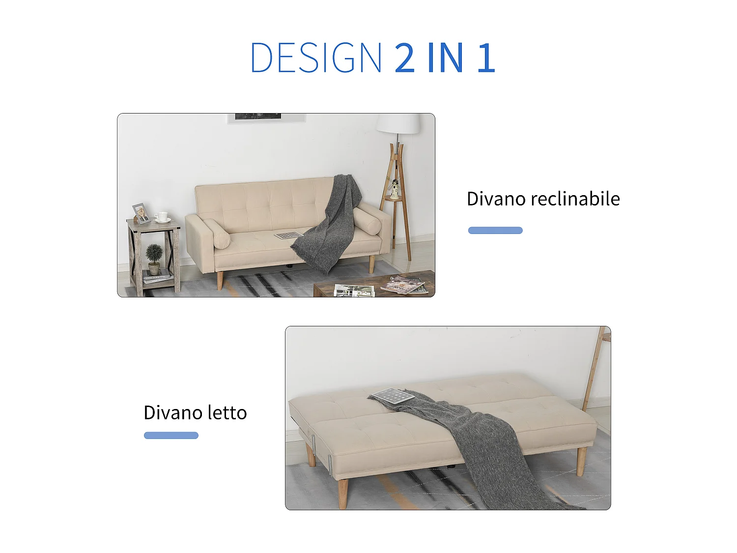 Divano Letto 3 Posti con Schienale Regolabile su 3 Livelli Beige