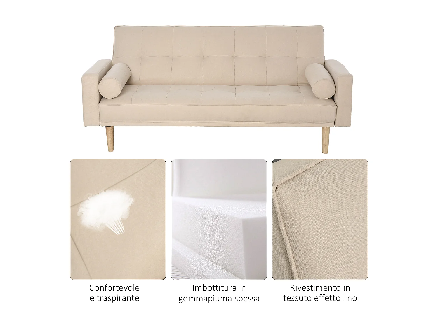 Divano Letto 3 Posti con Schienale Regolabile su 3 Livelli Beige