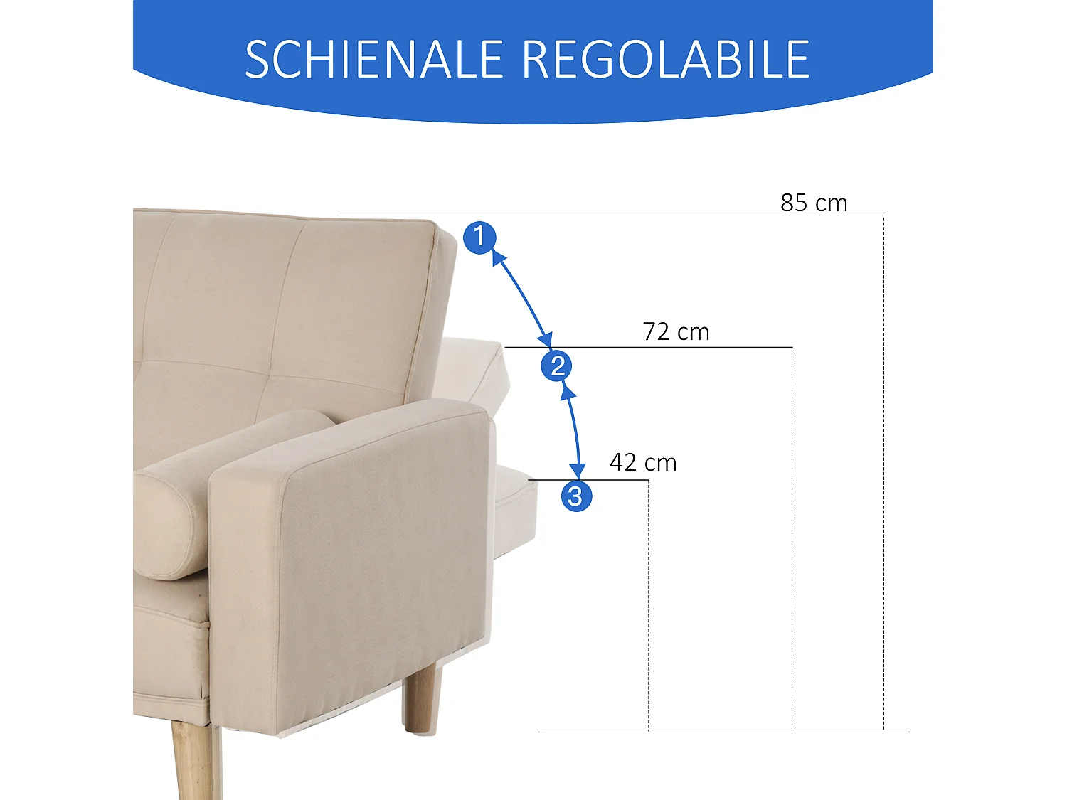 Divano Letto 3 Posti con Schienale Regolabile su 3 Livelli Beige