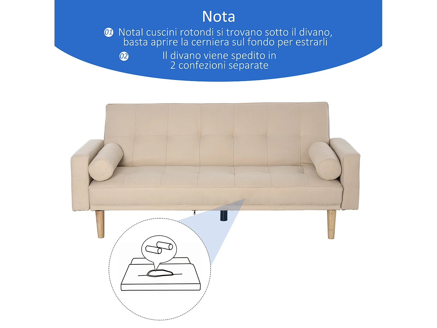 Divano Letto 3 Posti con Schienale Regolabile su 3 Livelli Beige