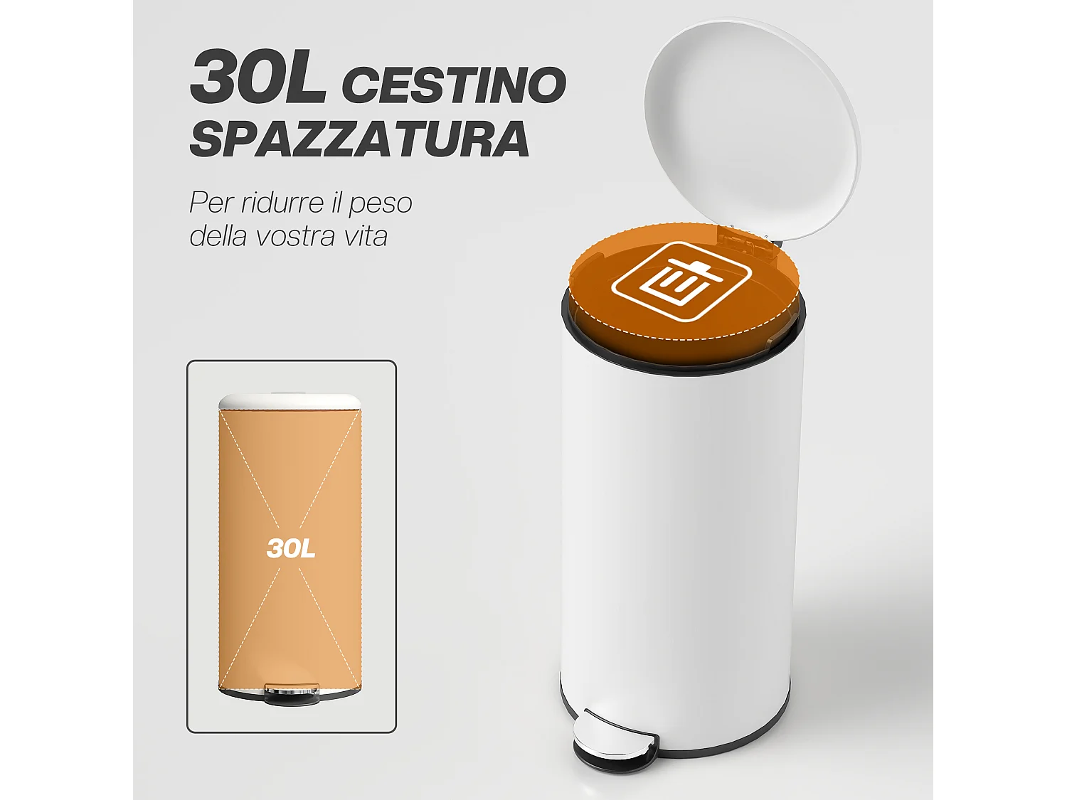 Bidone immondizia a pedale 30l in metallo e pp bianco crema