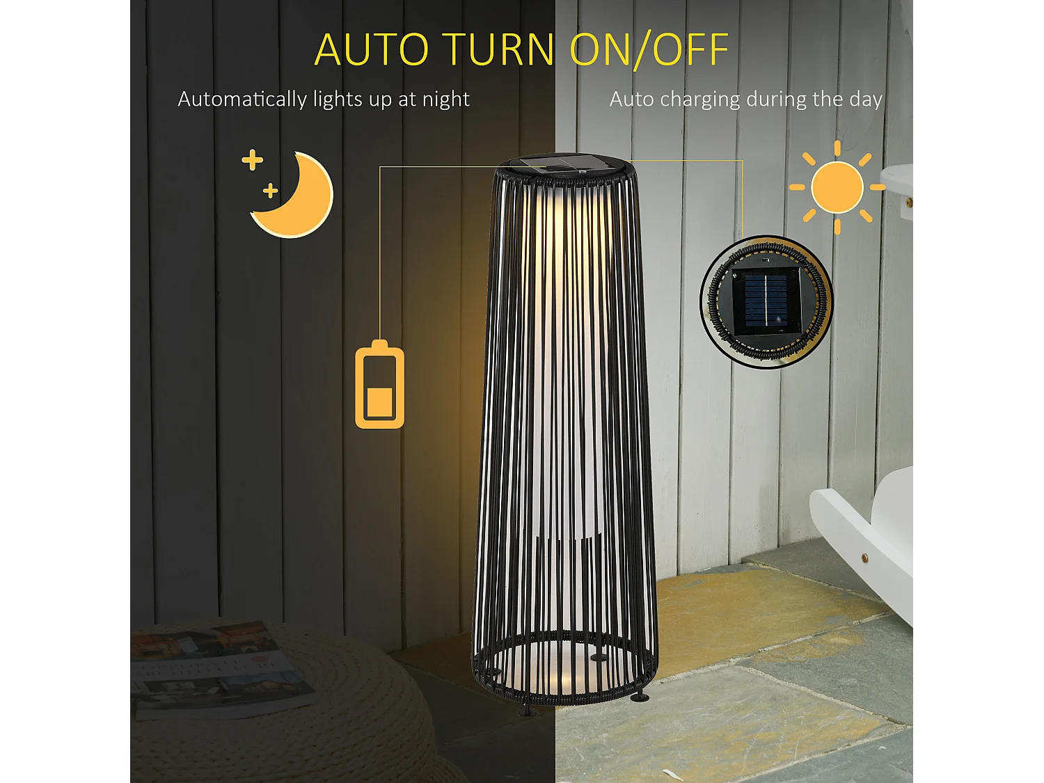 Lanterna solare da terra per giardino in rattan nero