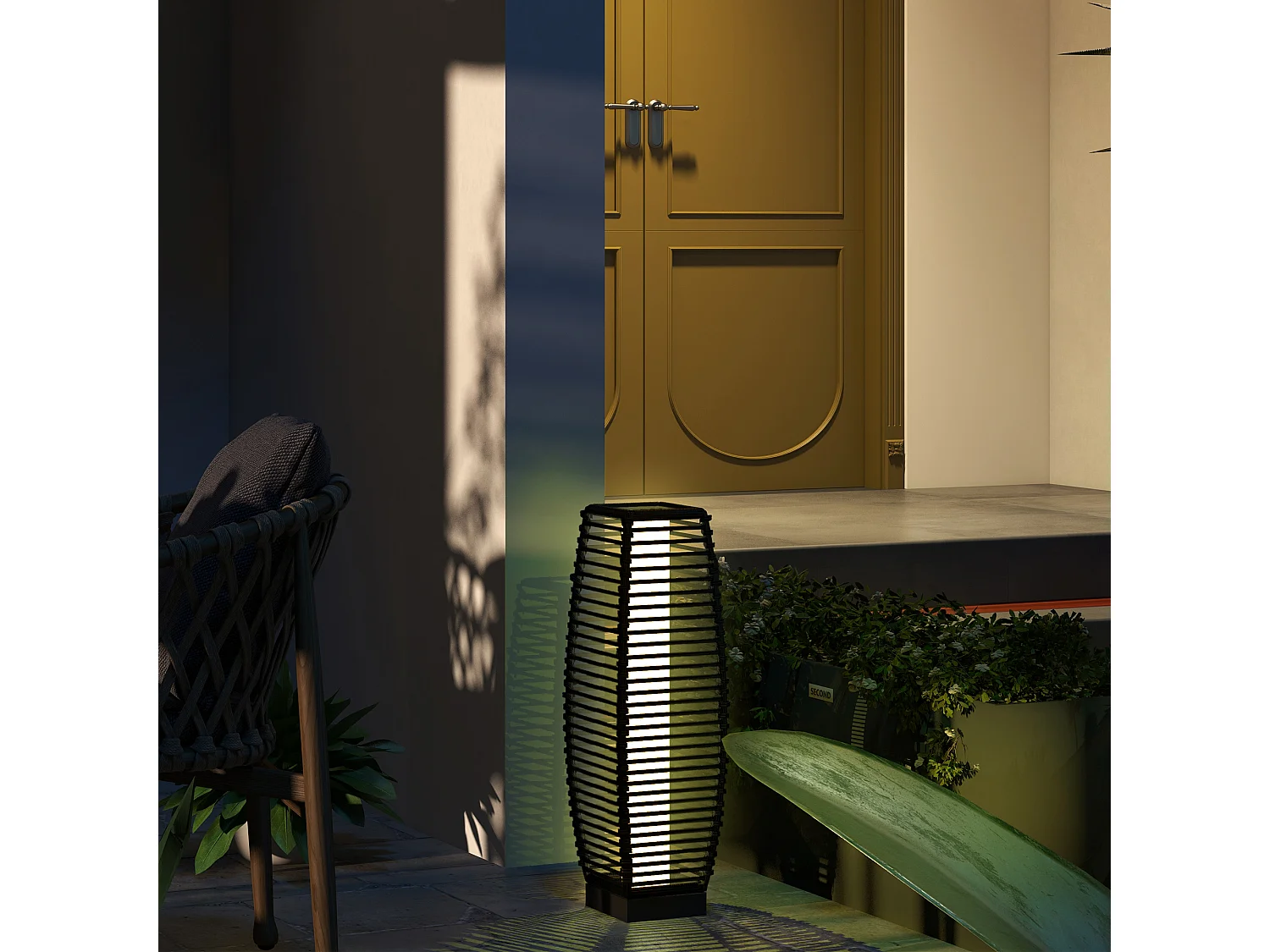 Lampada solare da giardino e vialetto in acciaio e rattan nero