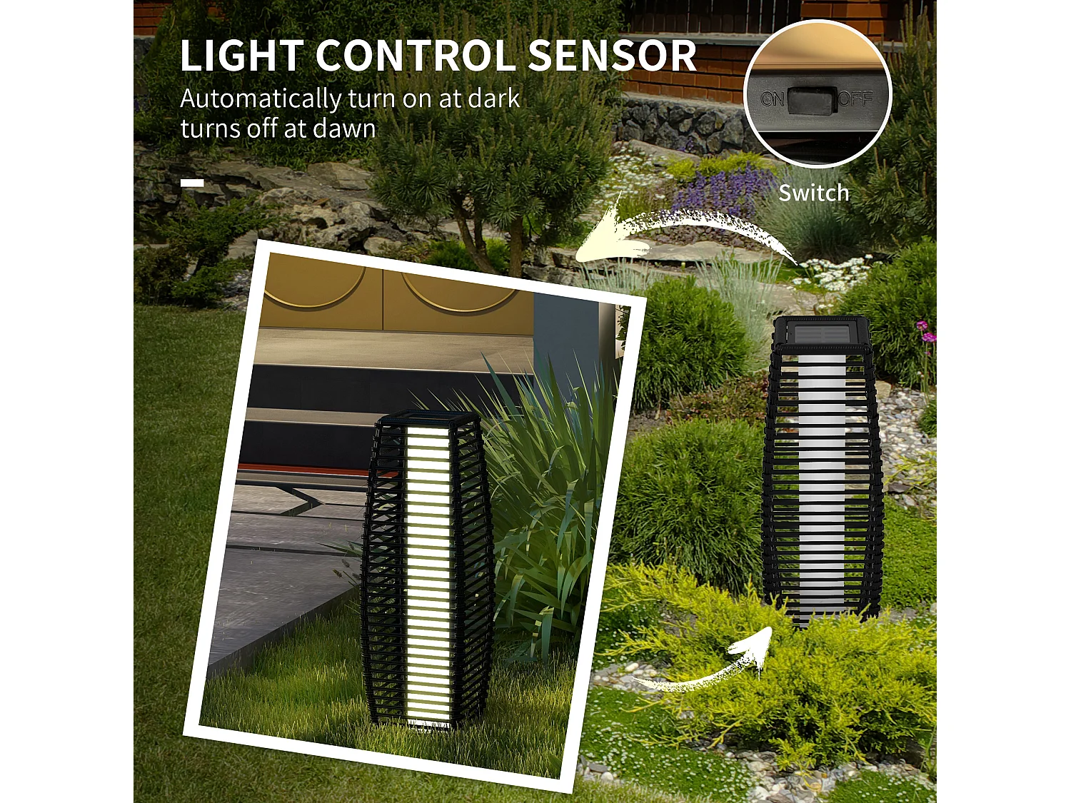 Lampada solare da giardino e vialetto in acciaio e rattan nero