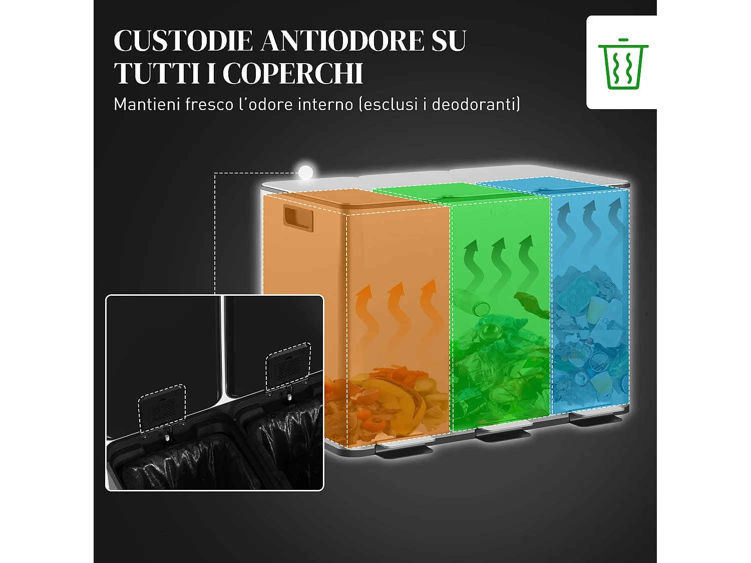 Pattumiera differenziata a pedale 3 scomparti in acciaio inox argento